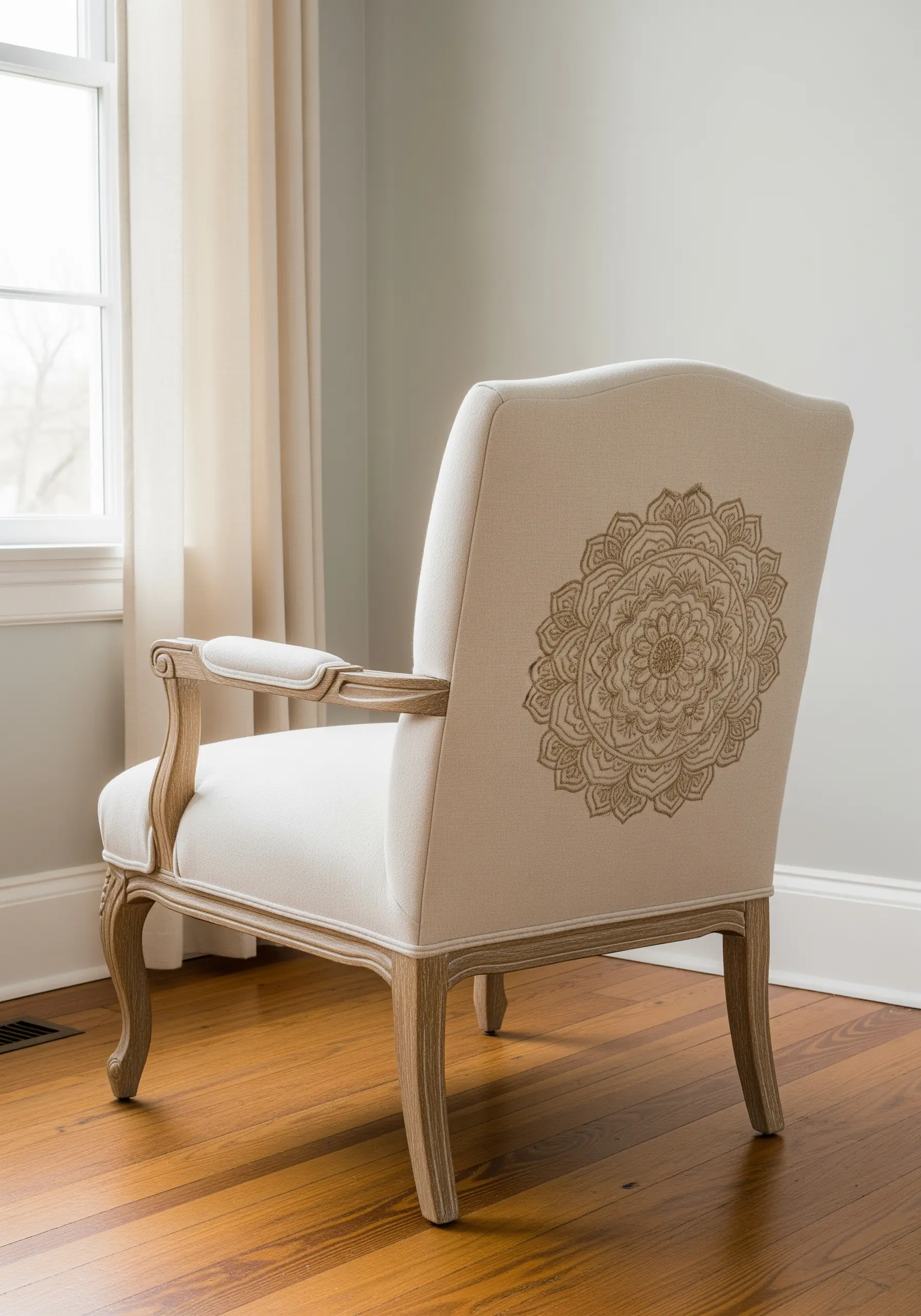 A classic armchair with a large, golden-toned mandala embroidered on its neutral fabric backrest.