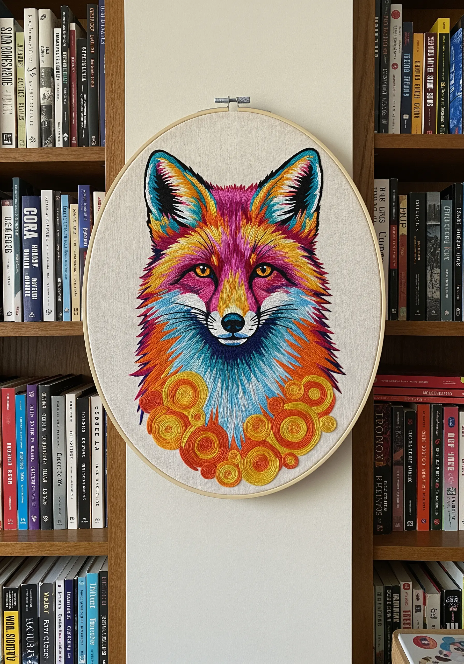 An oval embroidery hoop with a fox portrait stitched in vibrant, unrealistic rainbow colors.