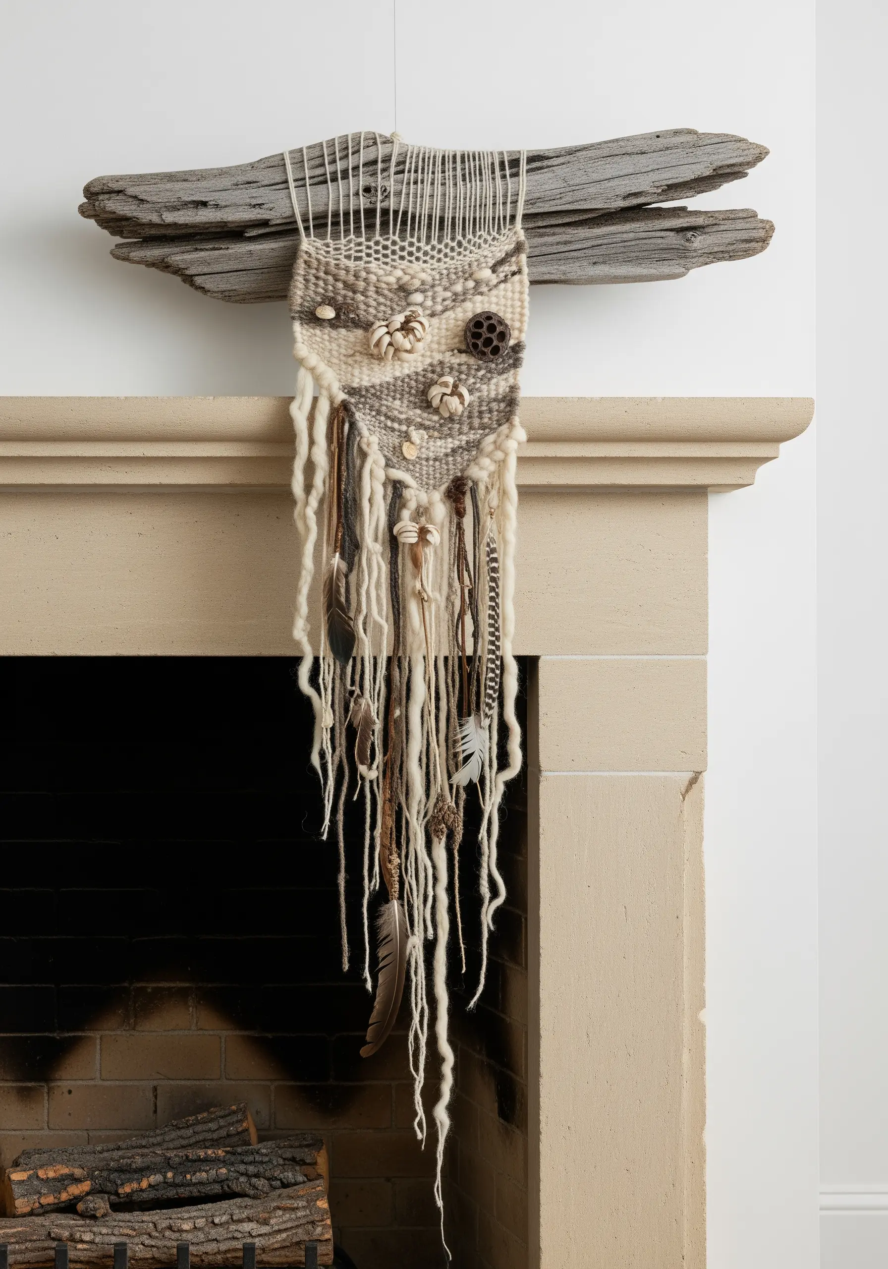 A small, textural weaving with neutral-colored yarn and shells, hanging from a piece of weathered driftwood.