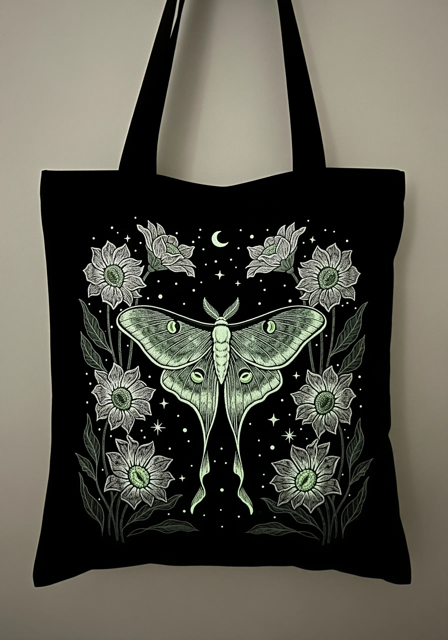 A luna moth and flowers embroidered with glow-in-the-dark thread on a black tote bag