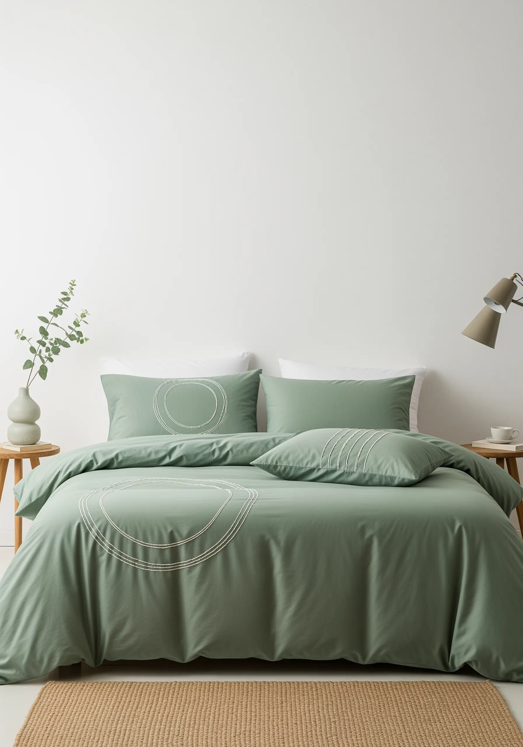 Sage green bedding with large, abstract circular outlines stitched in white thread.