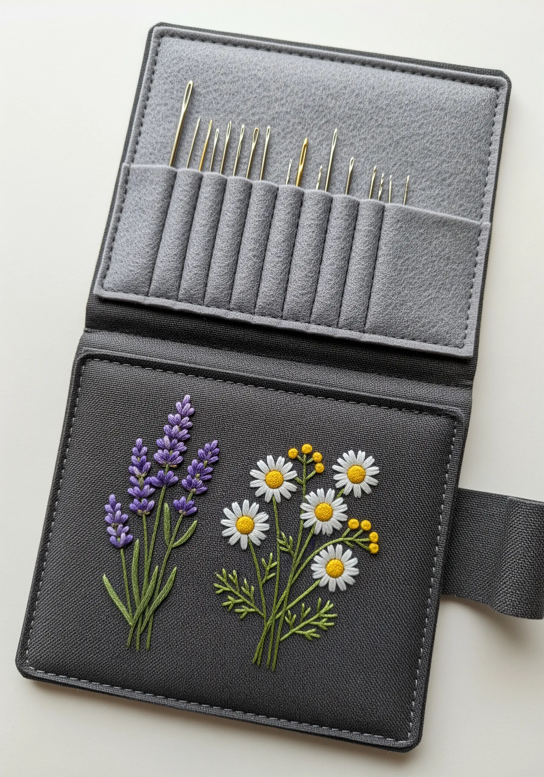 Vibrant lavender and daisy bouquets embroidered on a dark grey needle case.