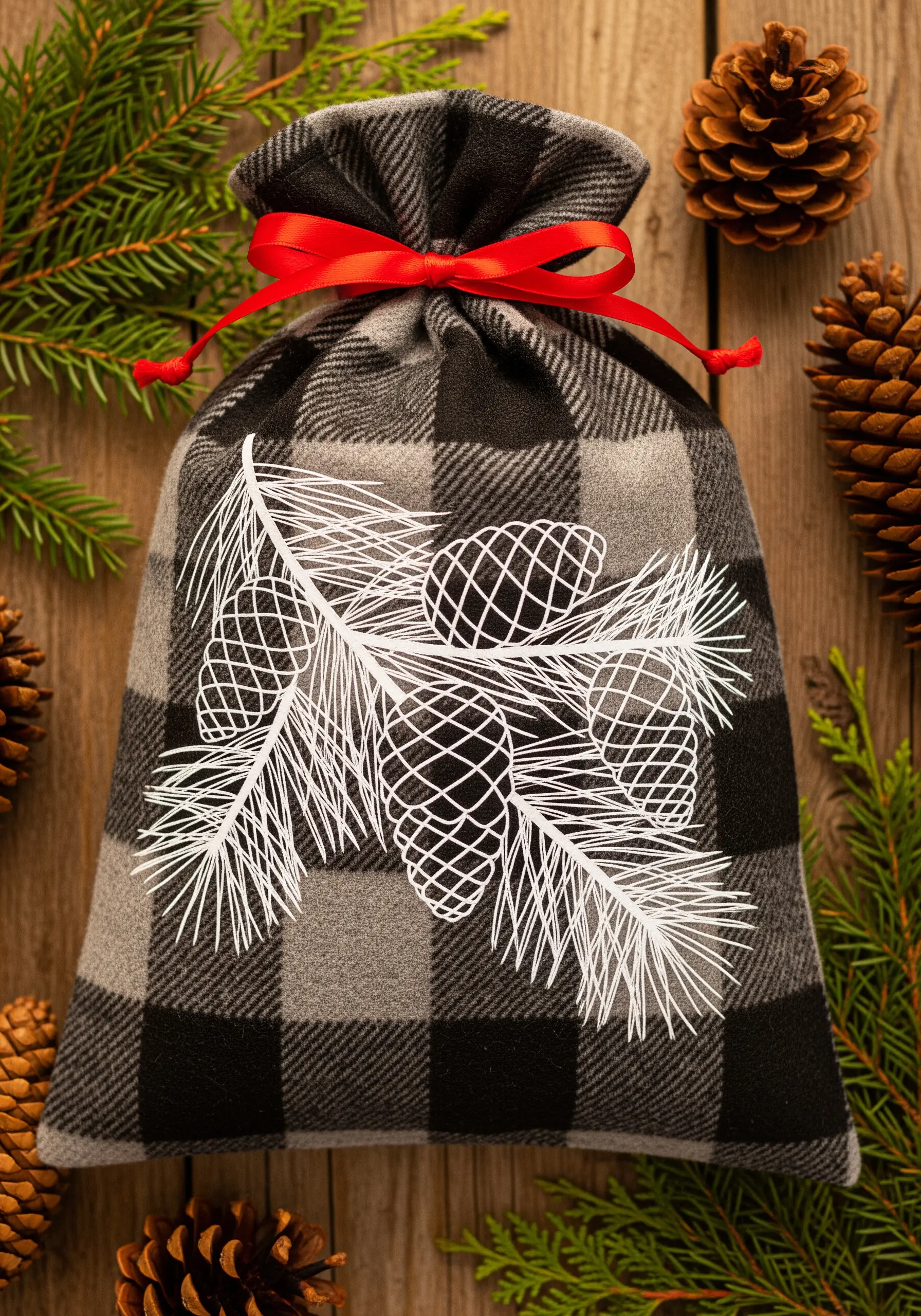 White line art embroidery of a pine bough on a black and gray buffalo plaid bag.
