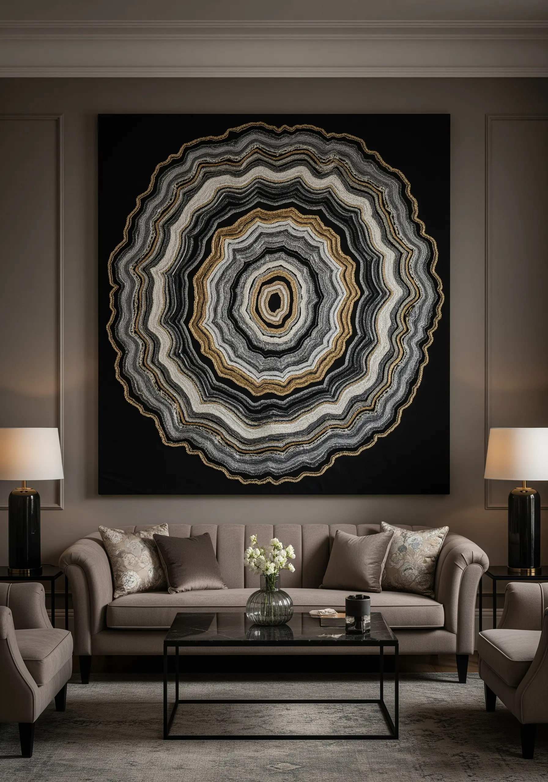 A large, circular embroidery with agate-like rings in black, grey, and metallic gold thread.