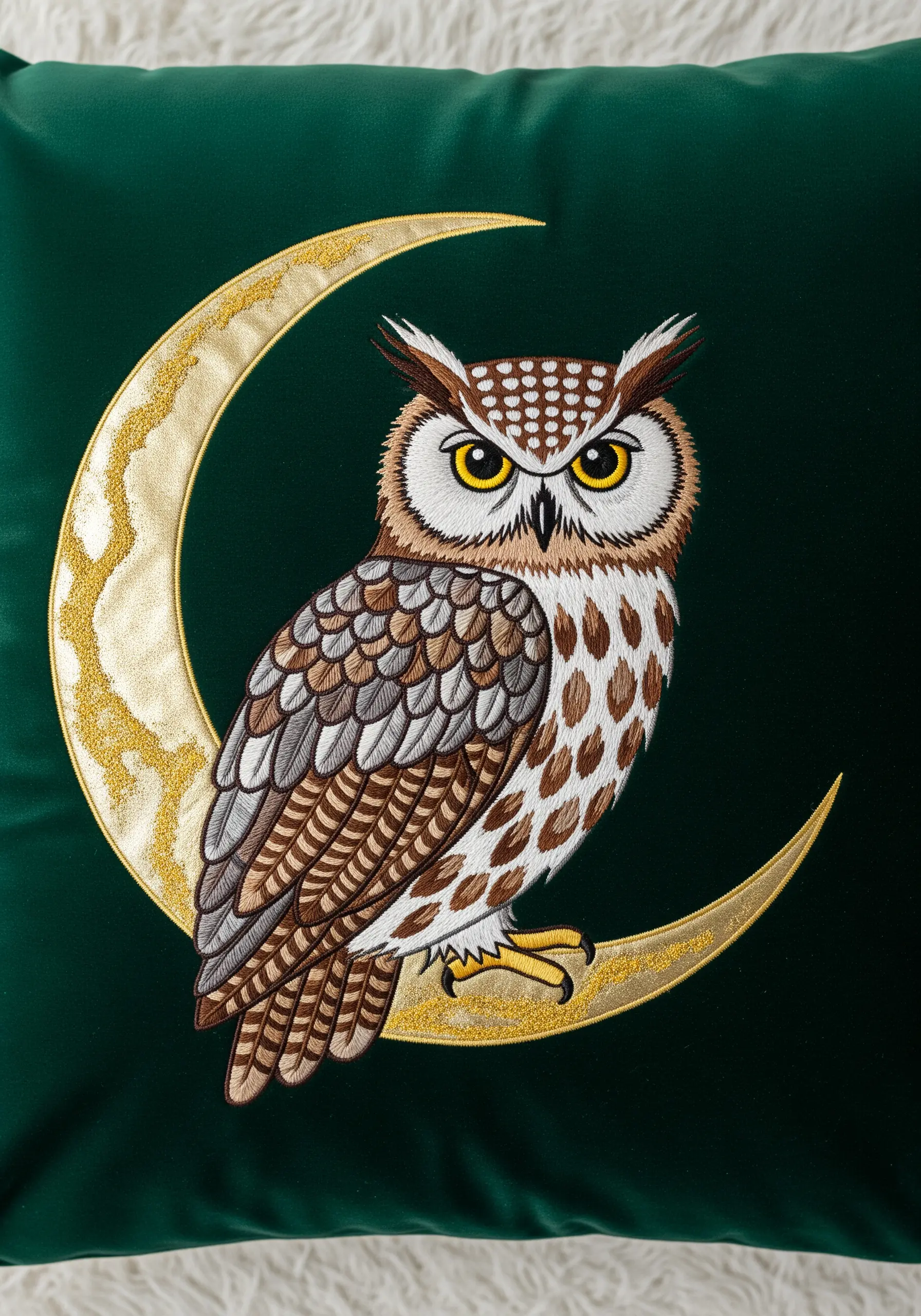 Detailed thread-painted owl sitting on a shimmering gold metallic crescent moon.
