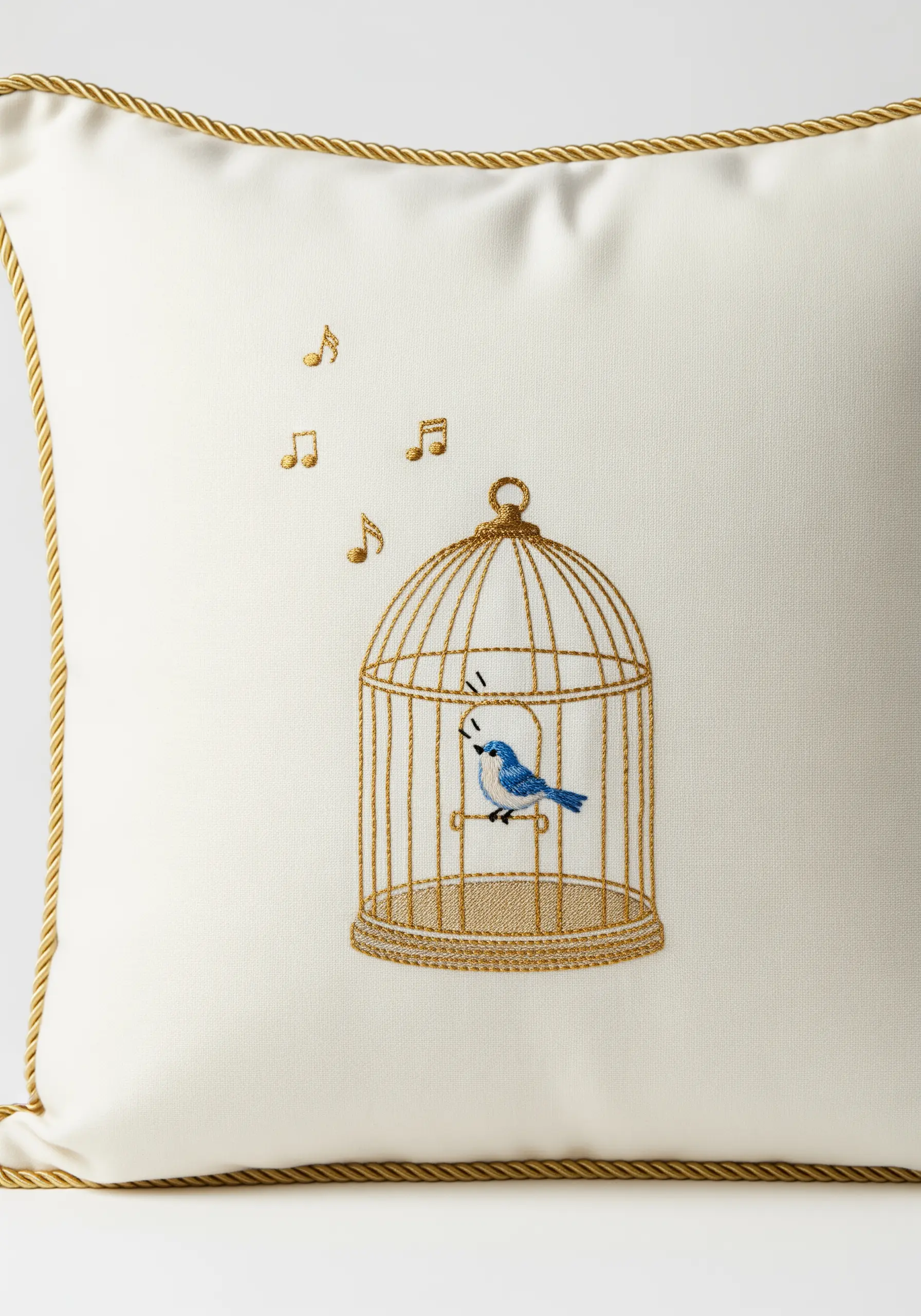 A delicate gold birdcage embroidered on a white pillow with a small blue bird inside.