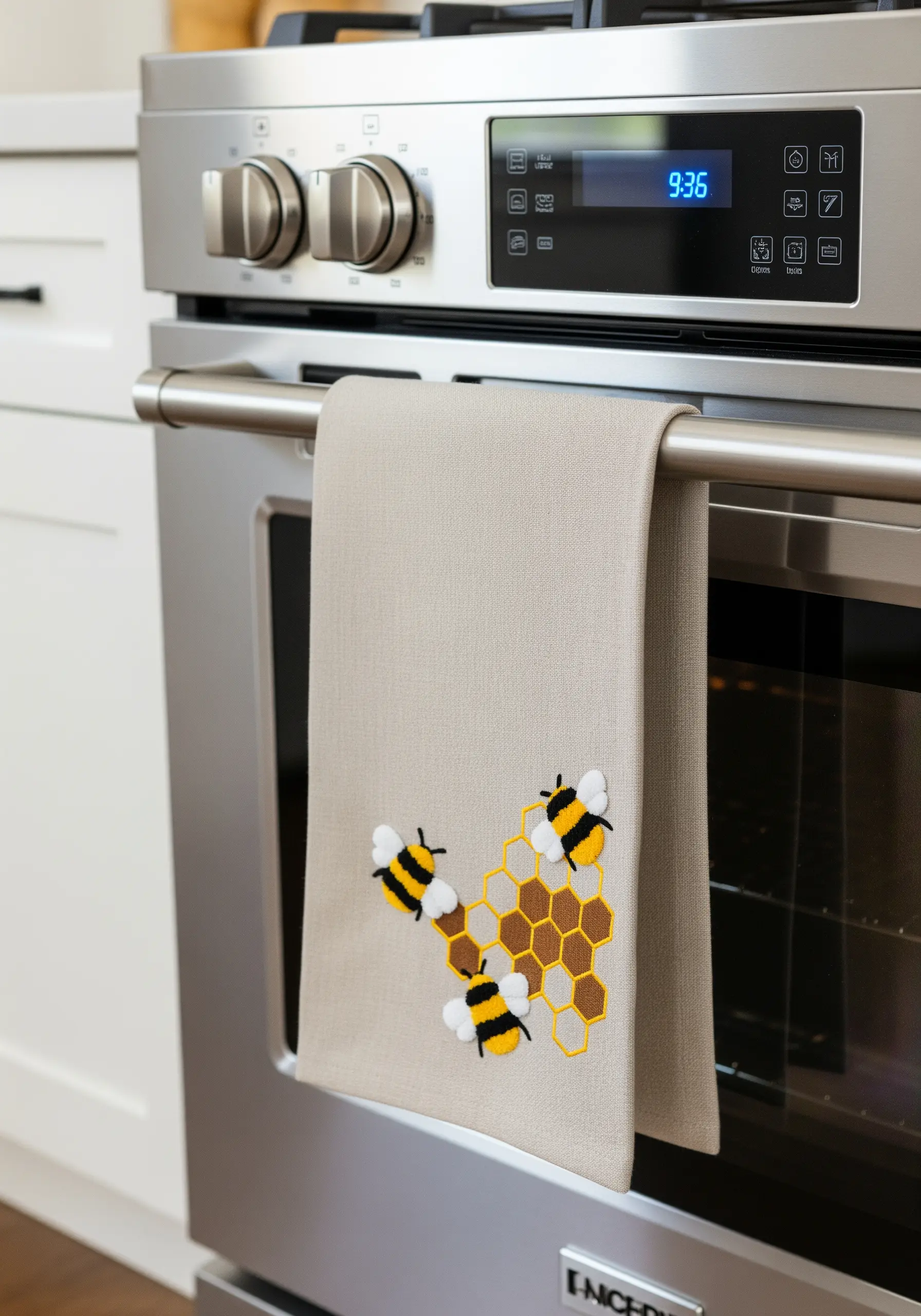 A kitchen towel with an embroidered honeycomb pattern and three bees.