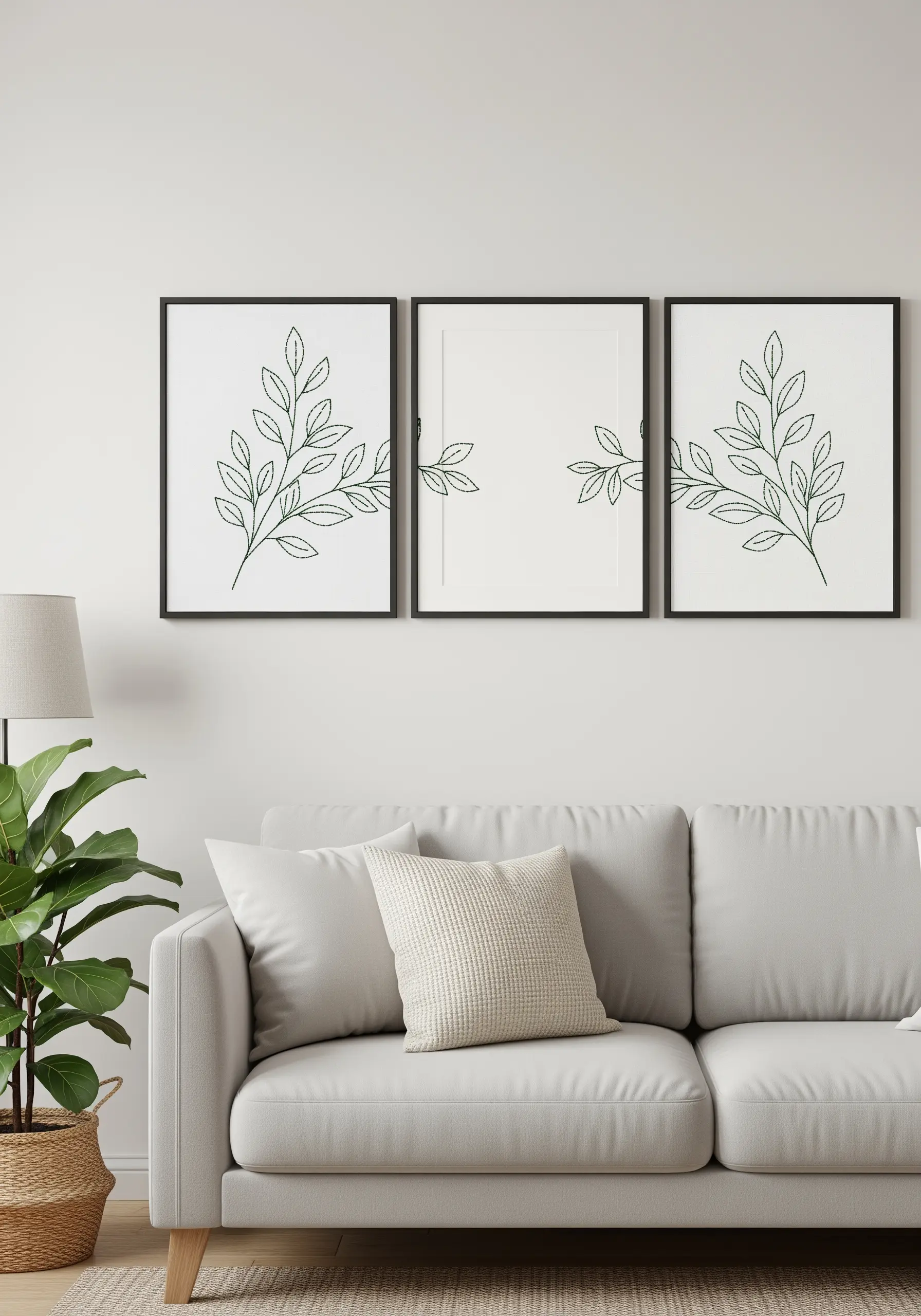 A three-frame triptych with an embroidered branch on the two outer frames and a blank middle frame.