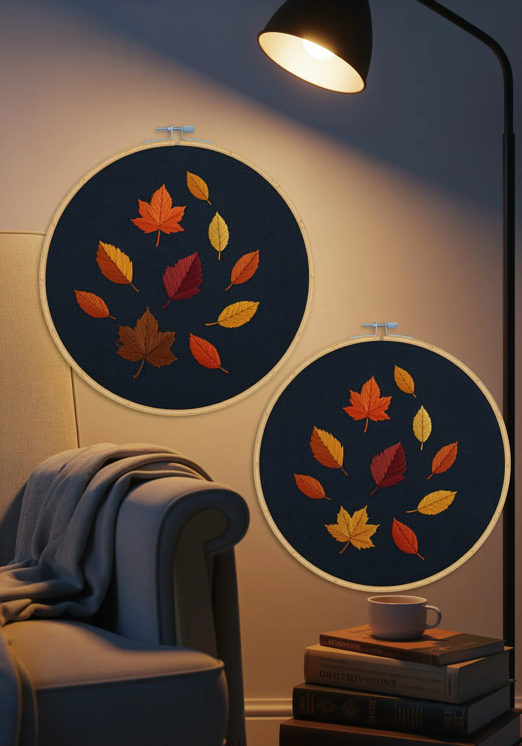 Two embroidery hoops with scattered autumn leaves in warm tones on a navy background.