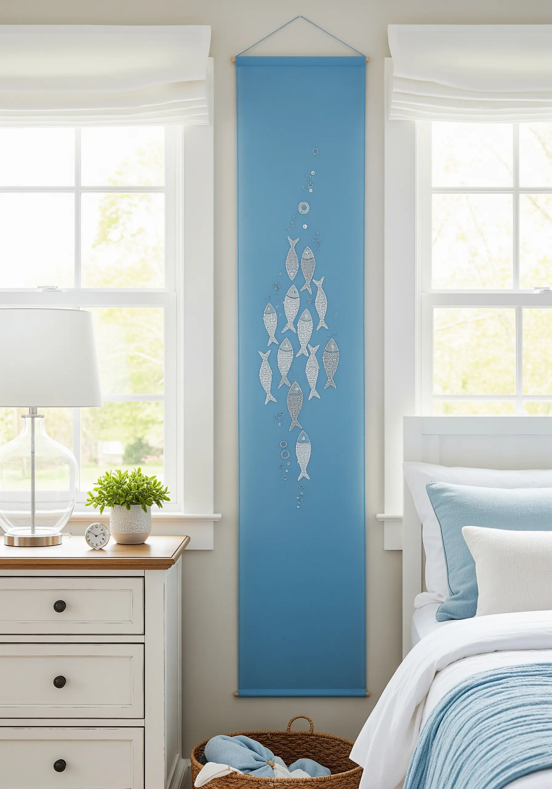 Tall blue wall banner with a school of silver embroidered fish swimming upwards.