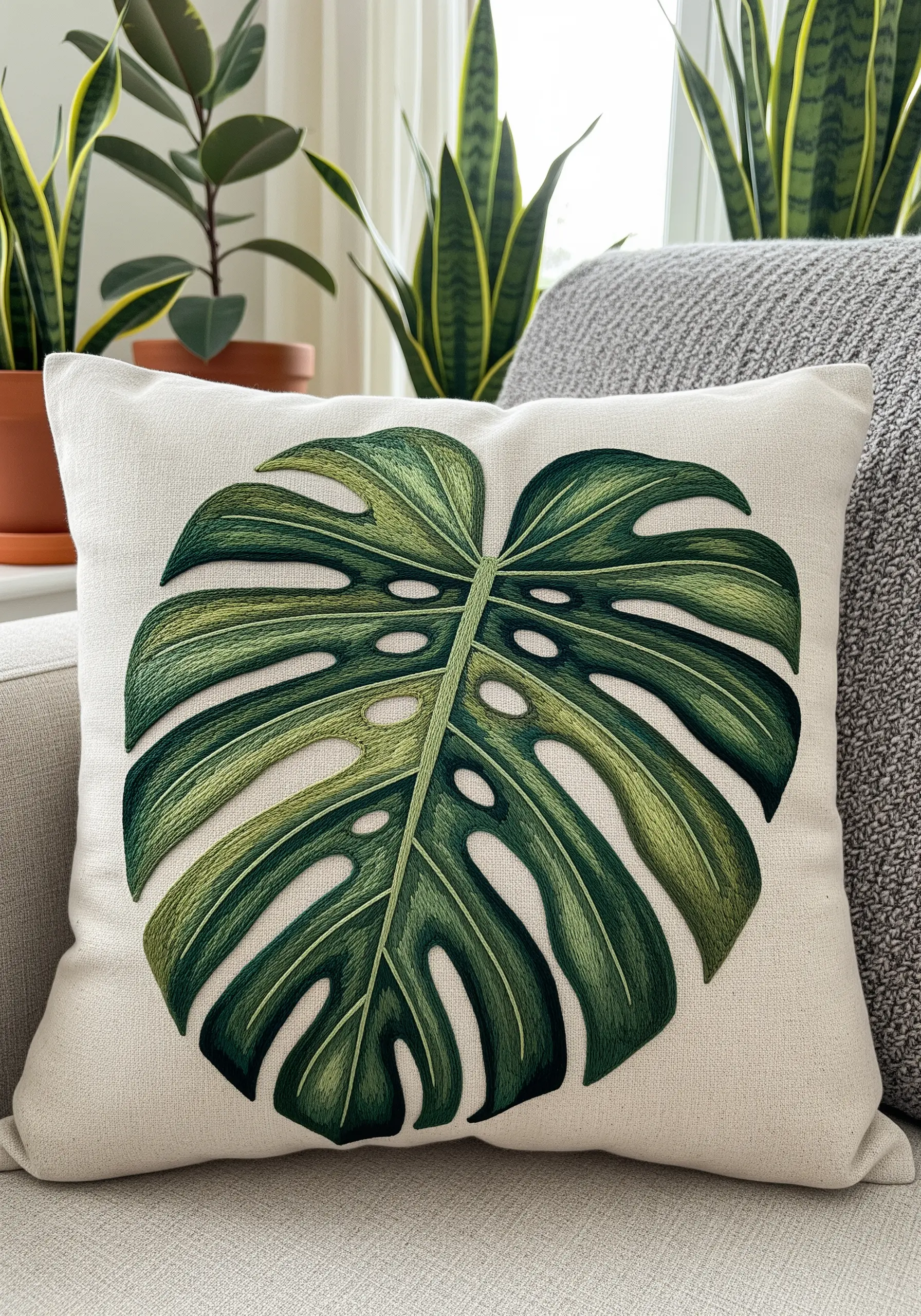 A large embroidered Monstera leaf on a linen cushion, using the fabric as negative space.