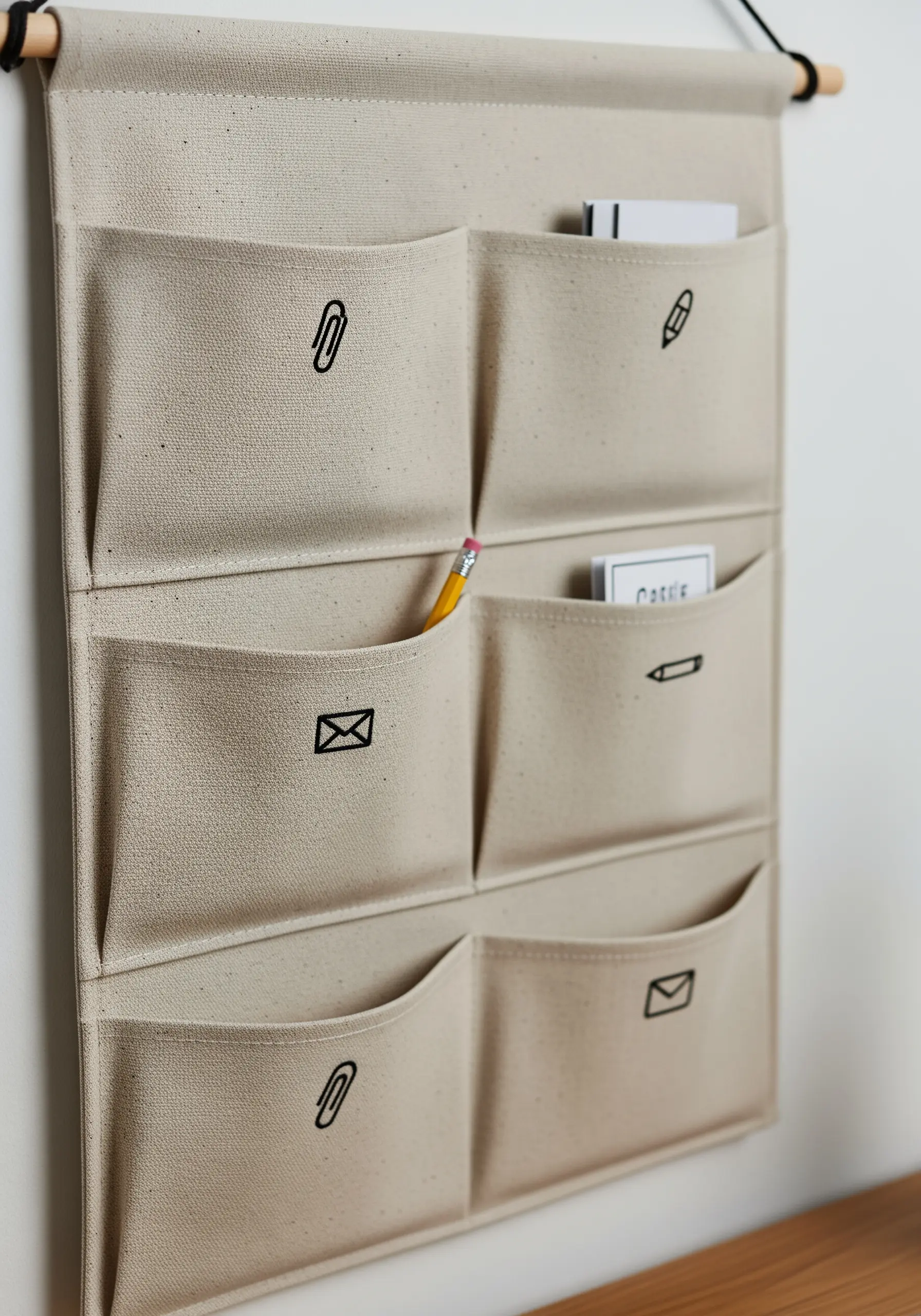 Minimalist office icons stitched in black on the pockets of a canvas wall organizer