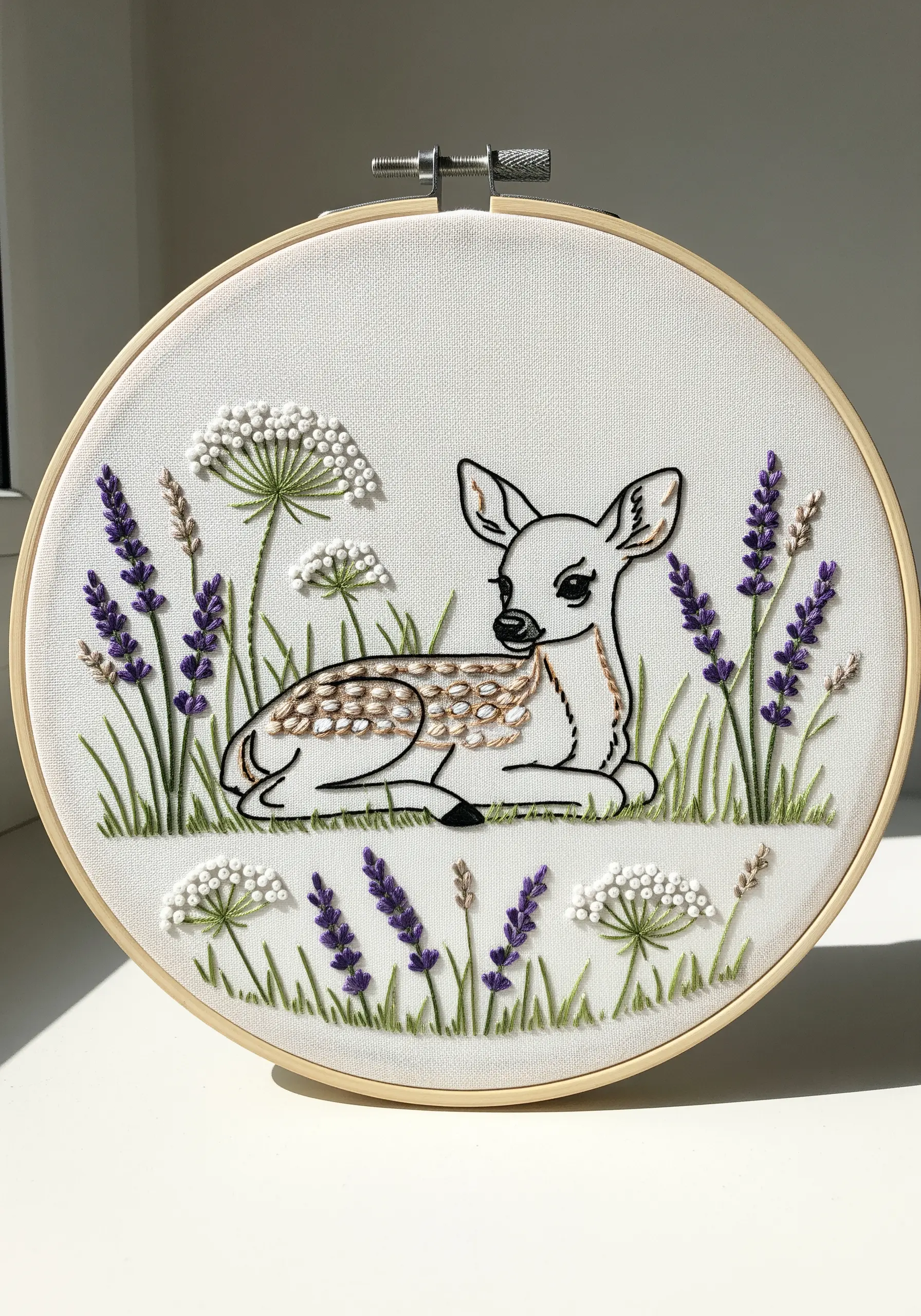 Line art fawn with seed stitch spots, surrounded by lavender embroidery