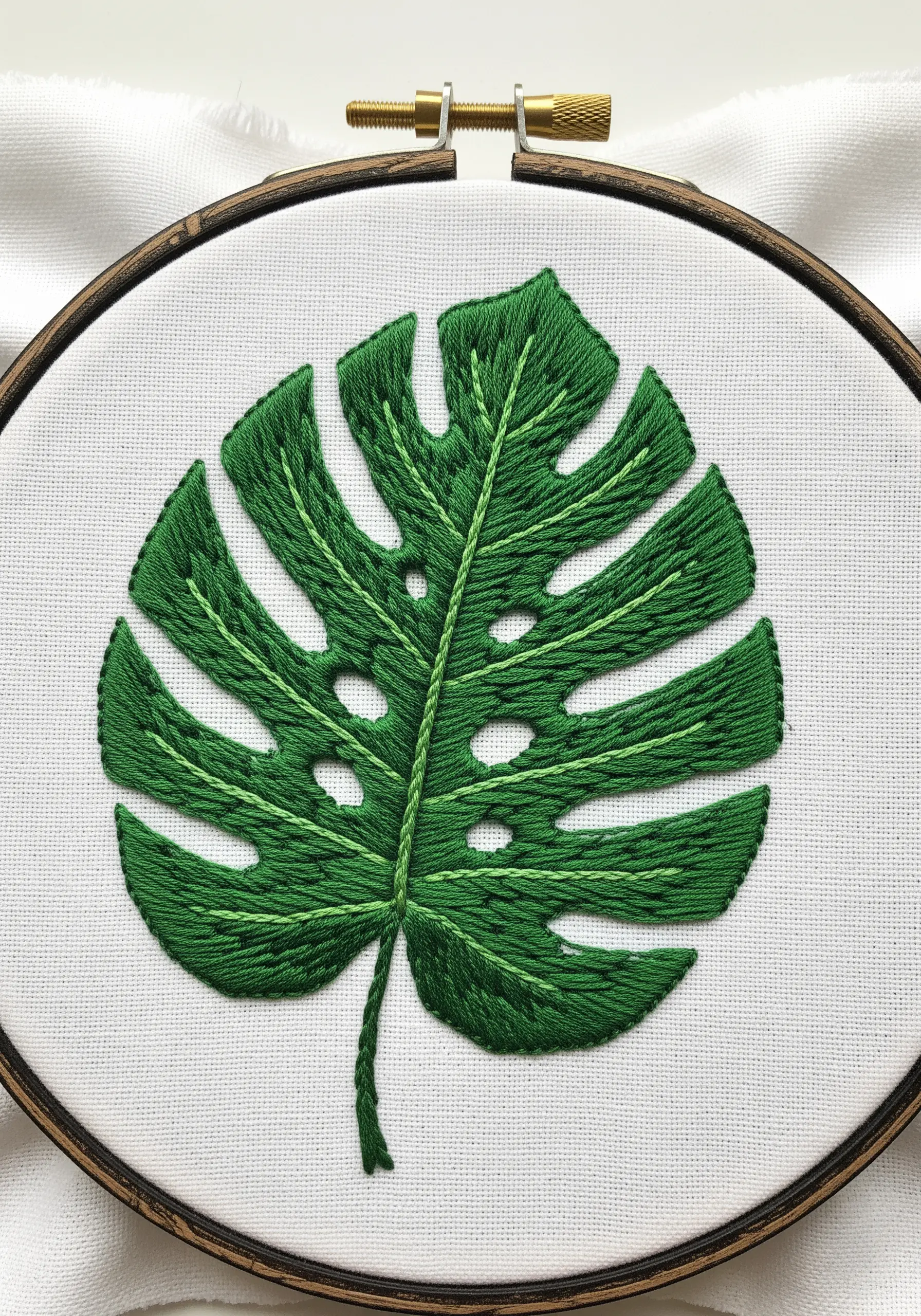 A green monstera leaf embroidered with an open fill stitch technique on white fabric.