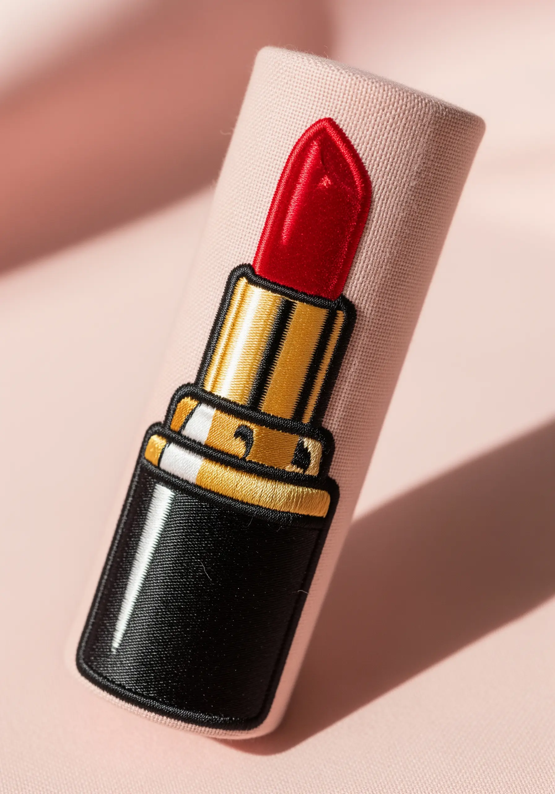 A tube of red lipstick embroidered with padded satin stitch for a 3D effect.