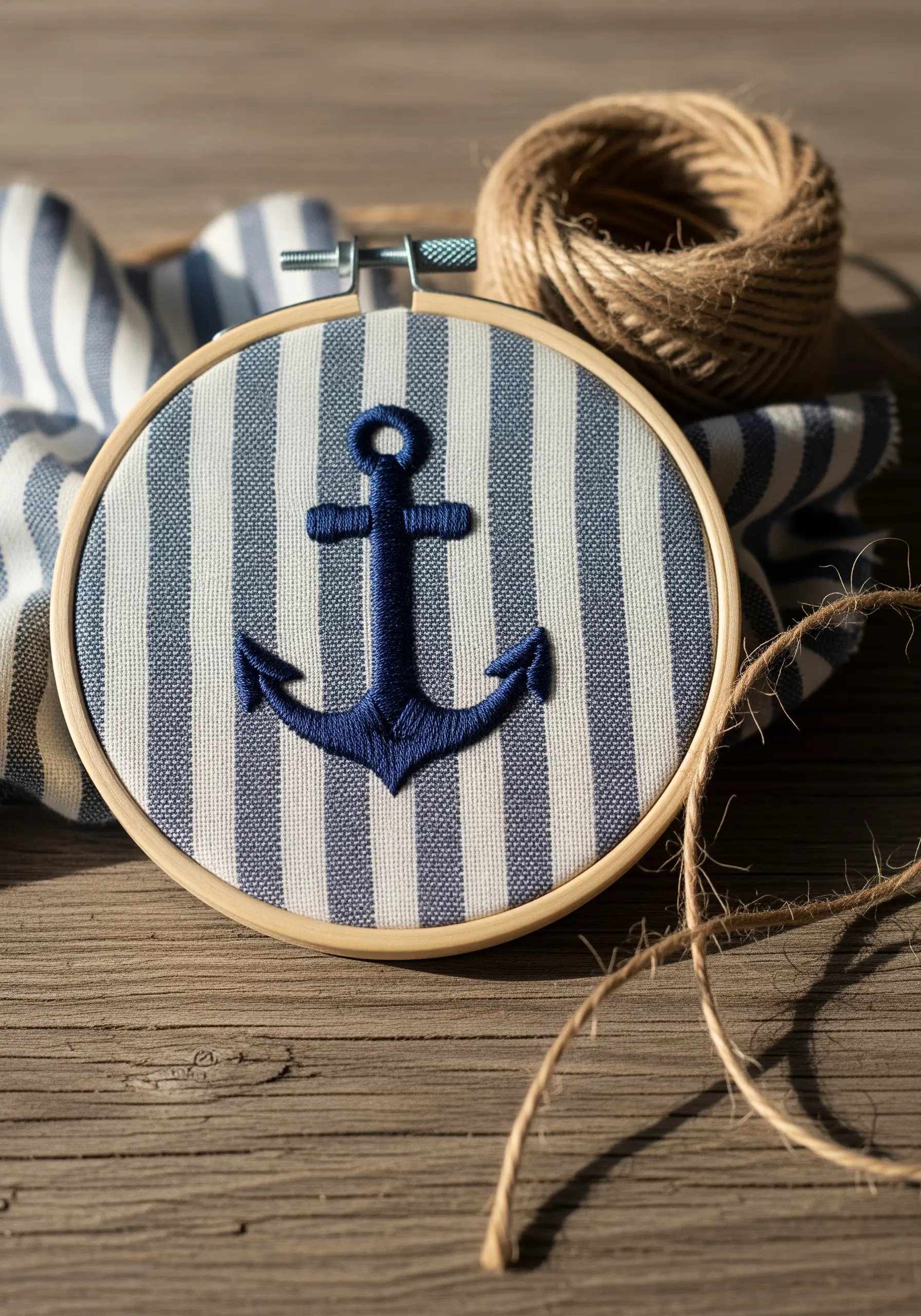 A solid navy blue anchor embroidered over blue-and-white striped fabric.