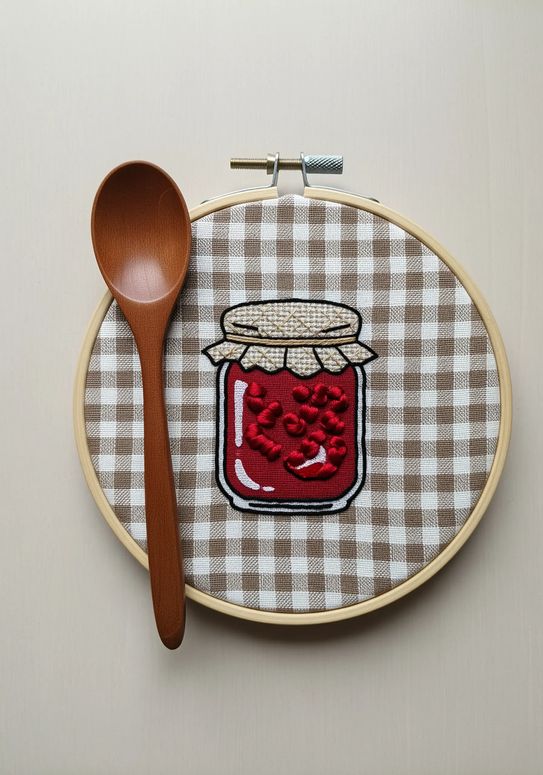 An embroidered jam jar with a thick black outline, stitched on brown and white gingham fabric.