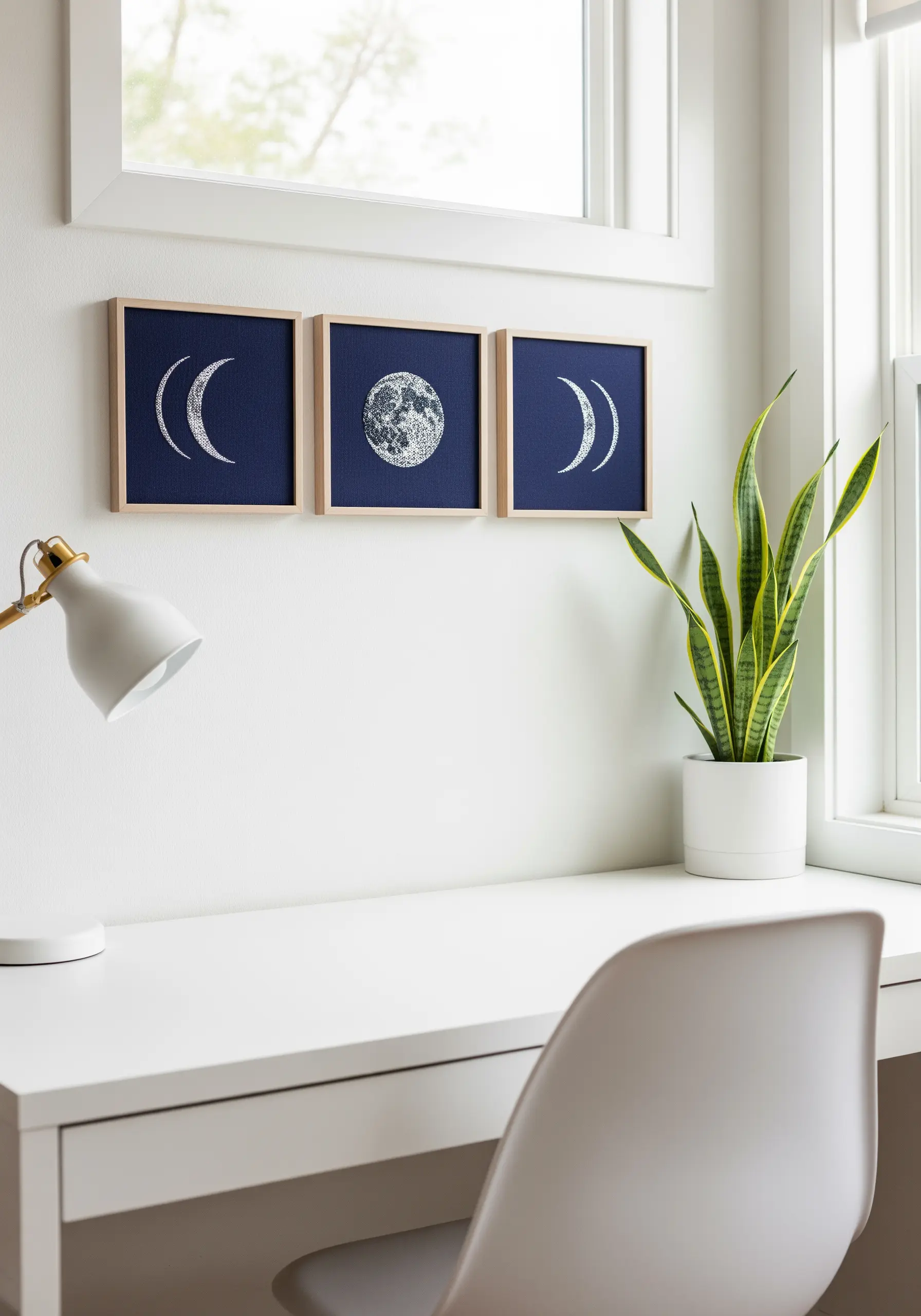 Triptych of moon phases embroidered in white thread on dark blue fabric, framed in light wood.