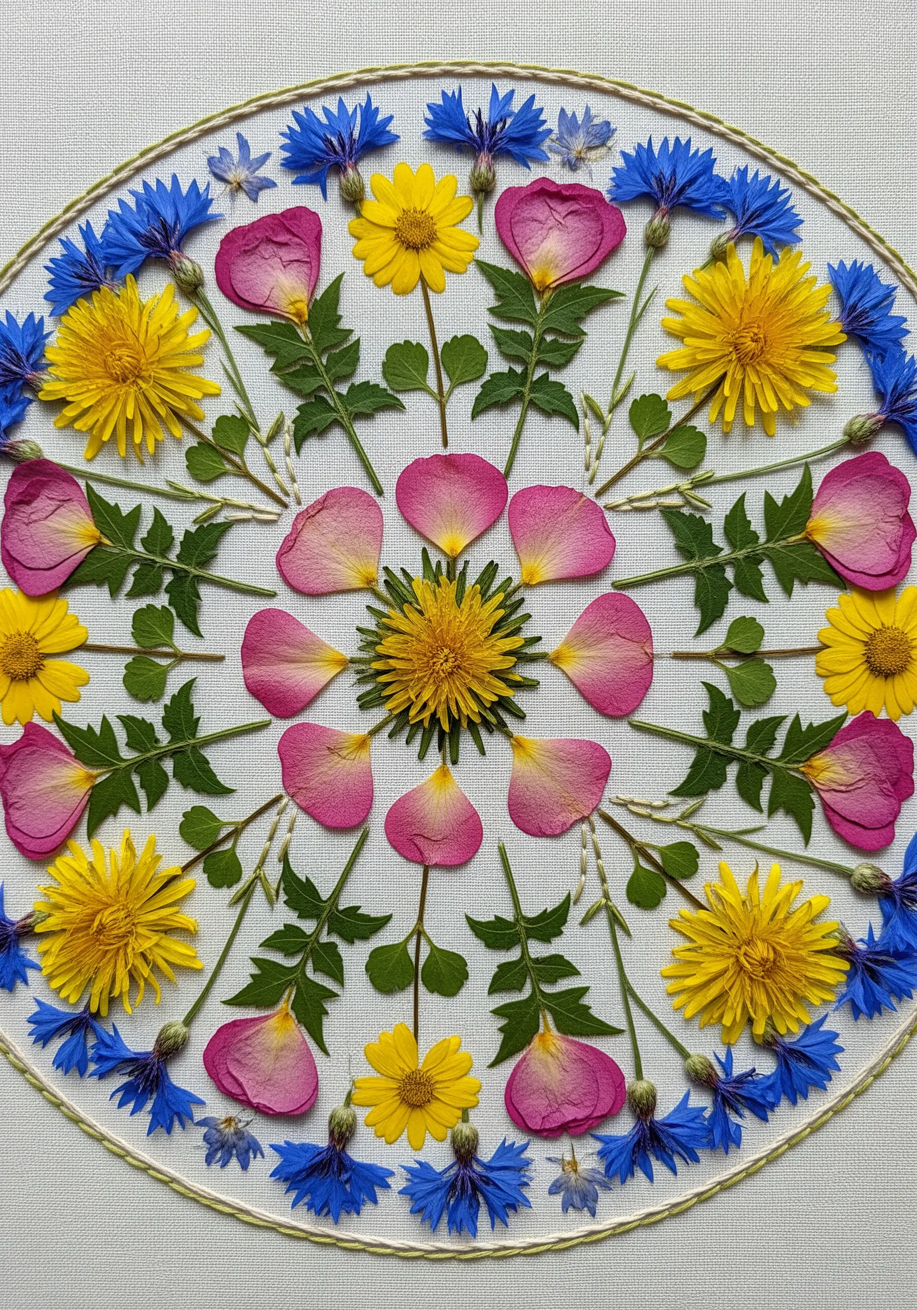 A mandala pattern created by arranging colorful pressed flowers and leaves on fabric.