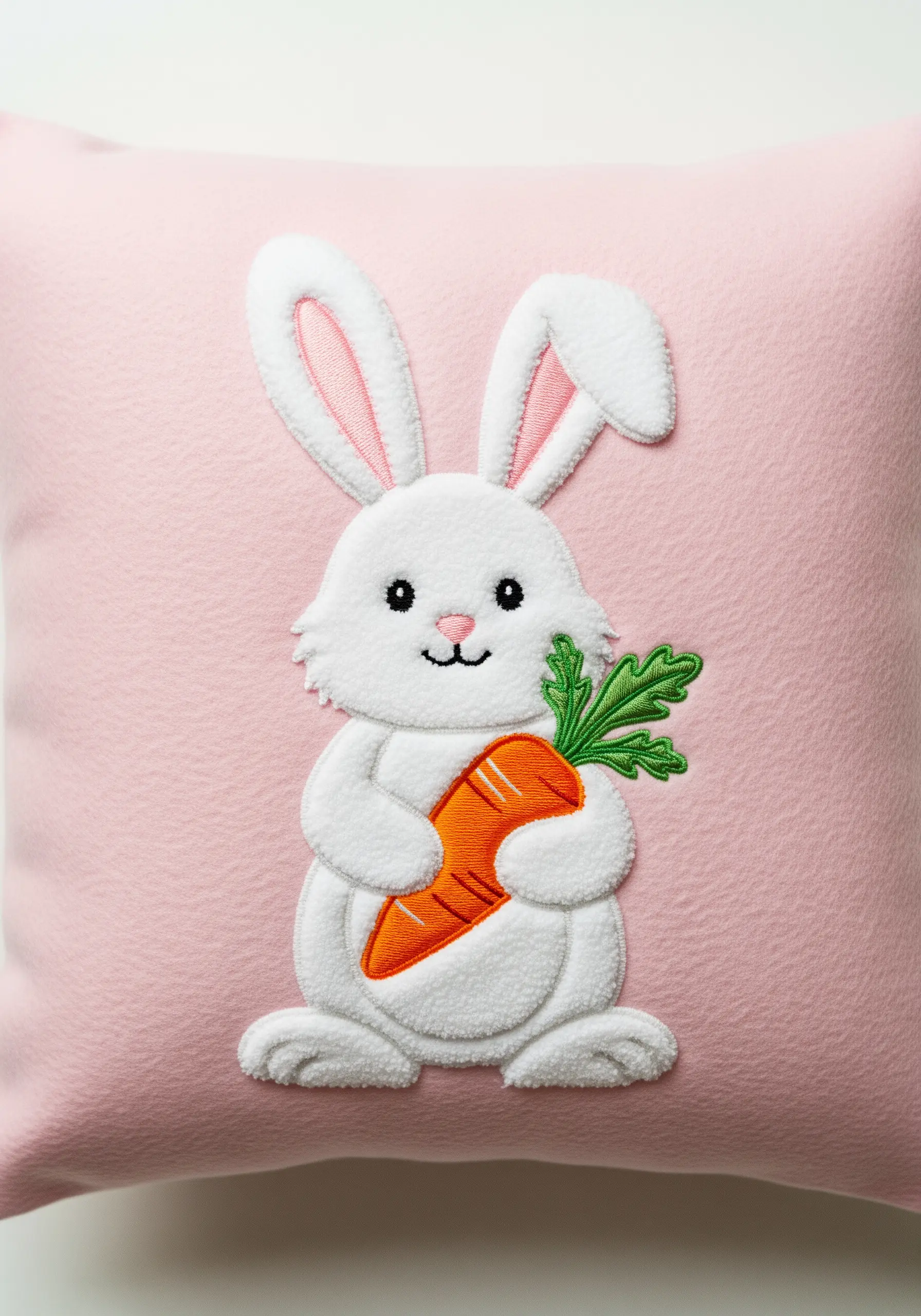 Puffy white fleece appliqué rabbit holding a carrot on a pink pillow.