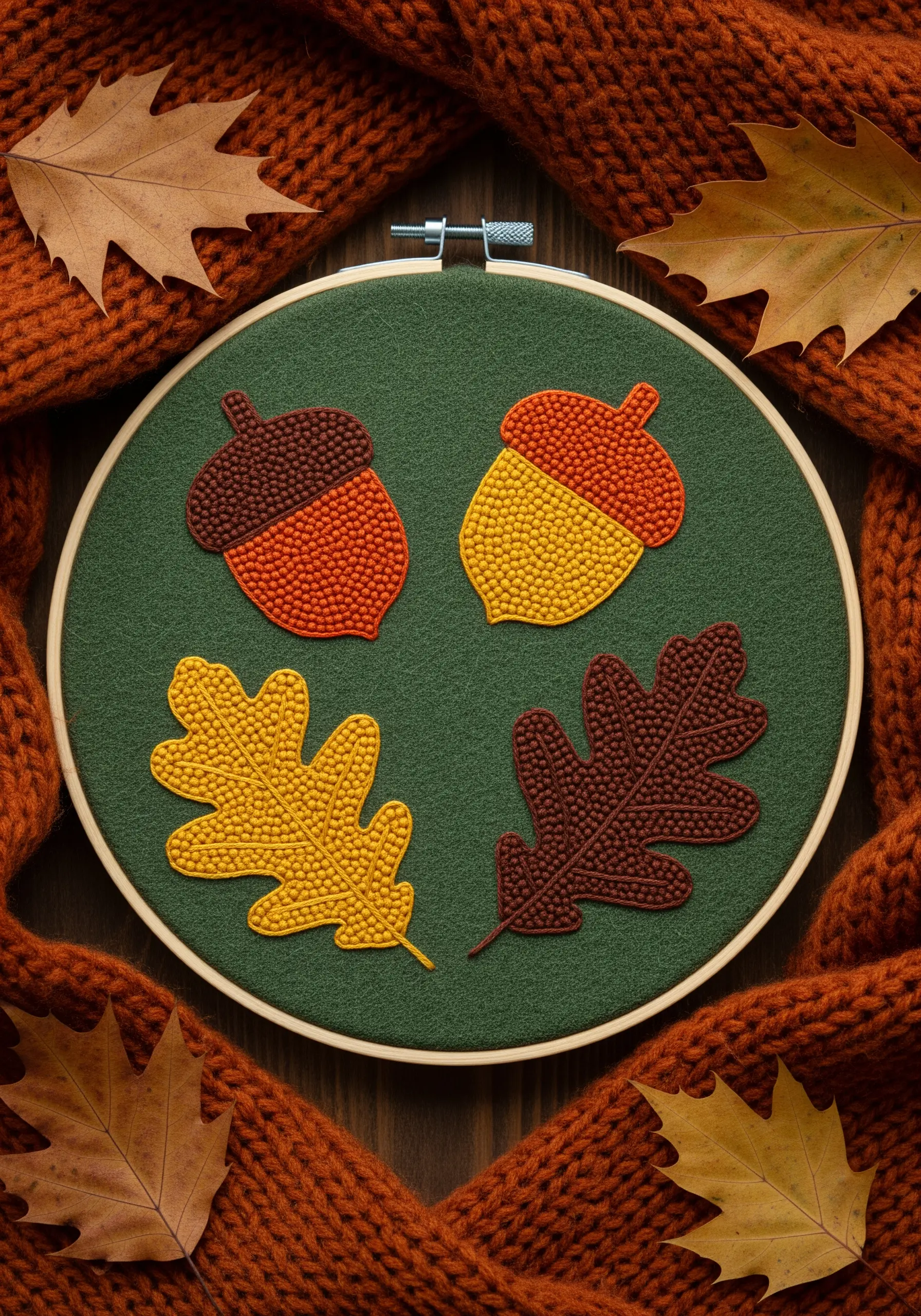 Autumnal acorns and oak leaves filled with dense seed stitch on green felt.