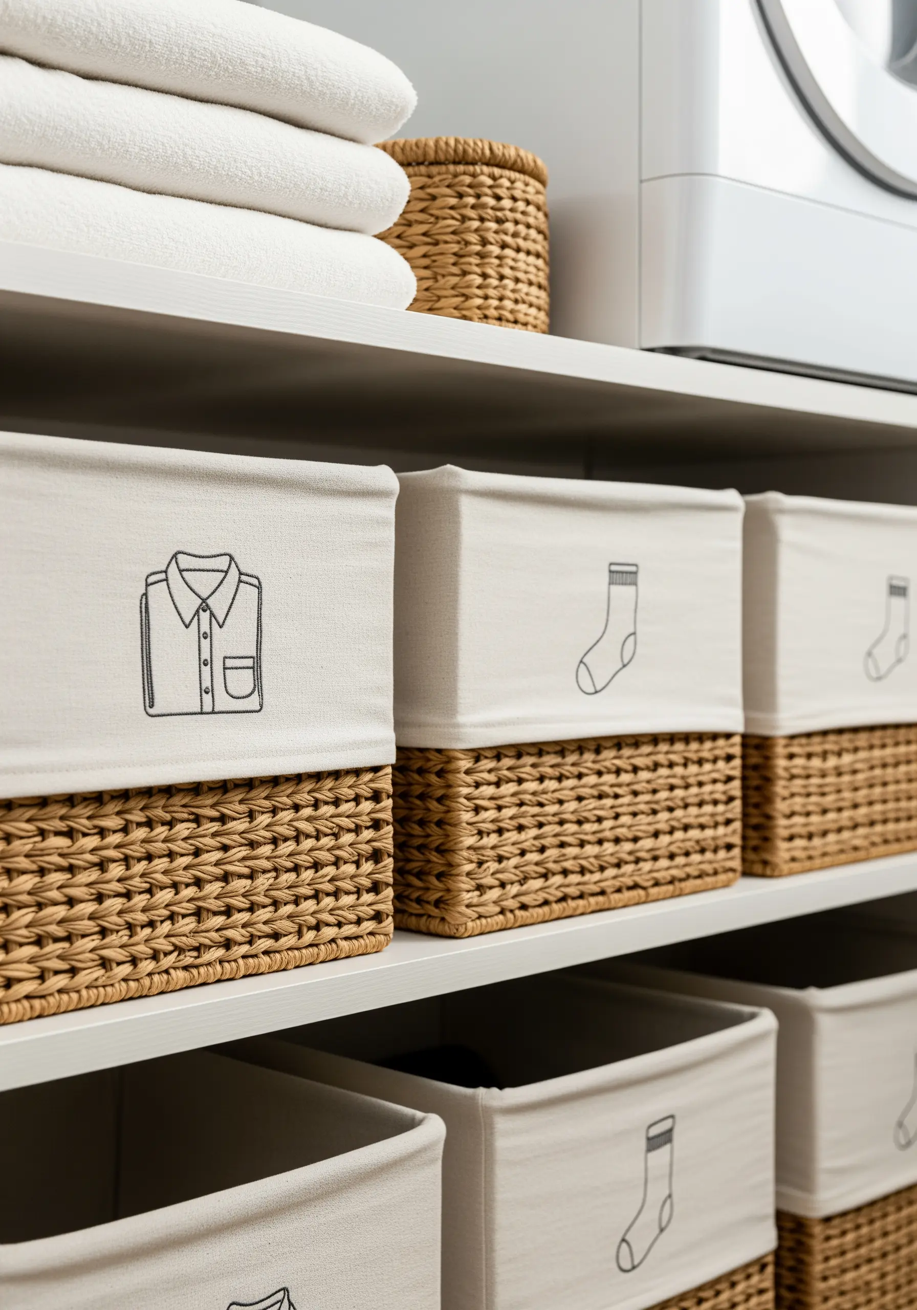 Wicker and canvas storage bins with simple line art embroidery of clothes and socks.