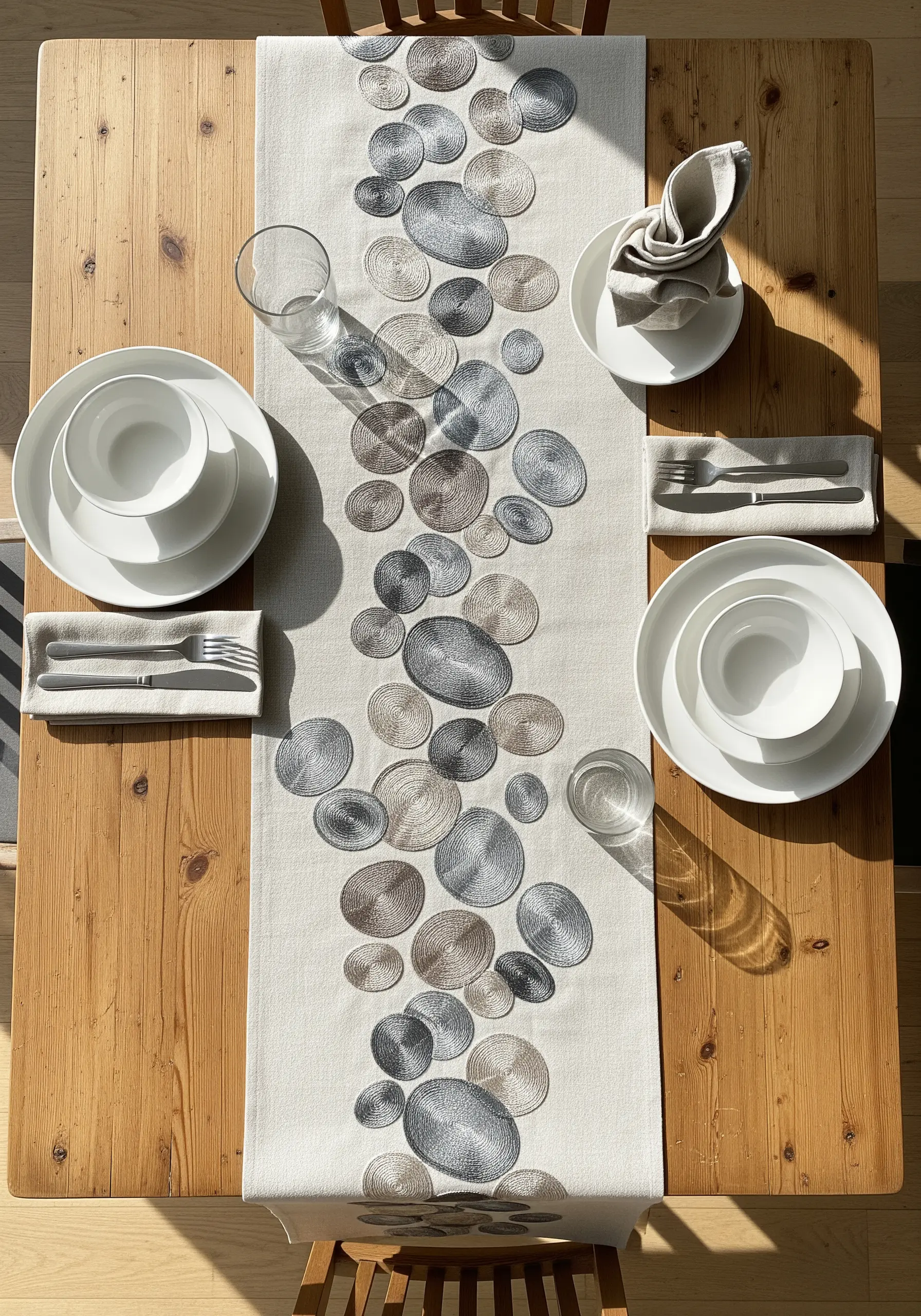 Abstract pebble shapes embroidered in spirals on a linen table runner.