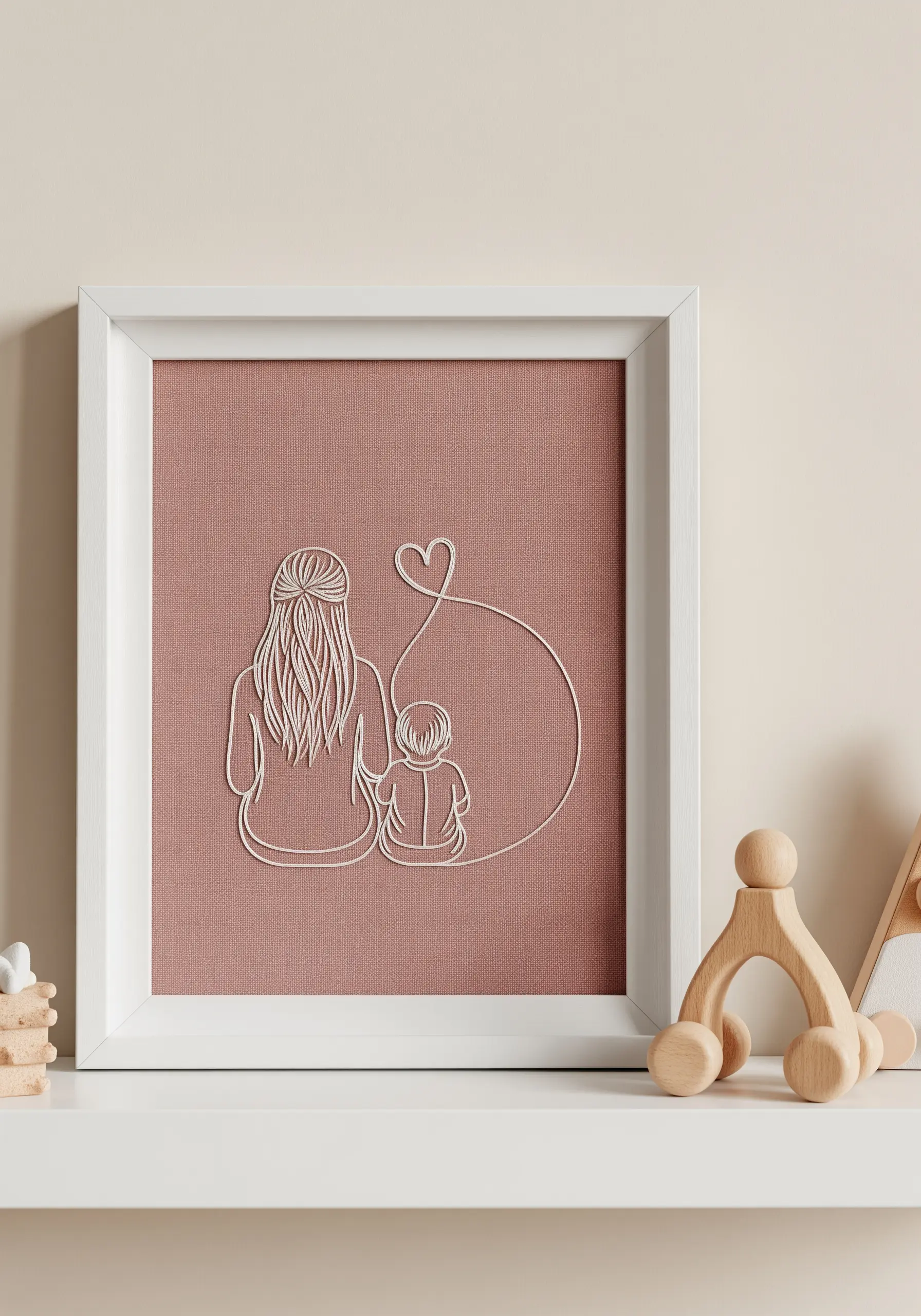 White line art embroidery of a mother and child on dusty rose fabric, framed in white.