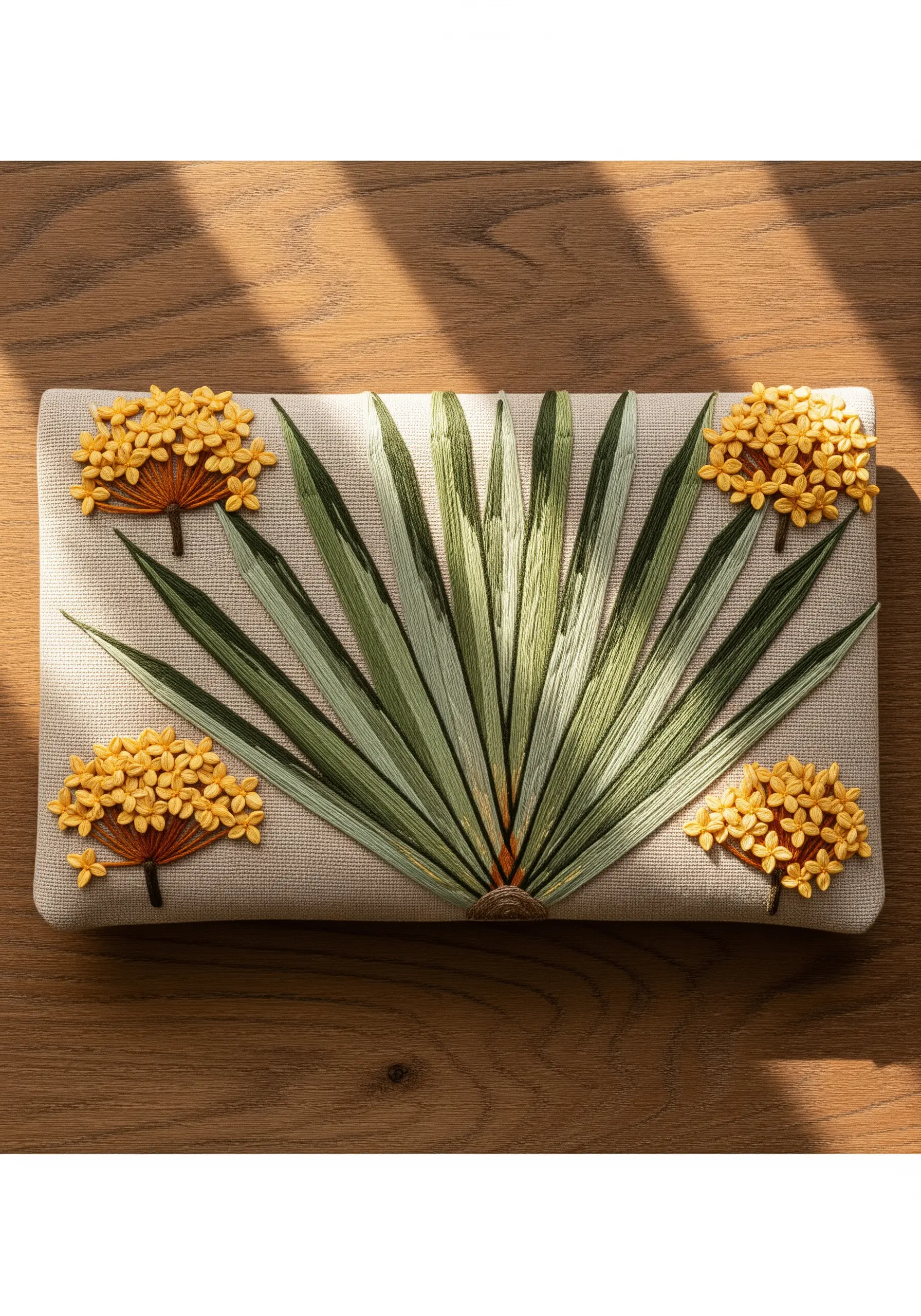 A symmetrical design with fanned-out leaves made of long straight stitches and yellow knot flowers.