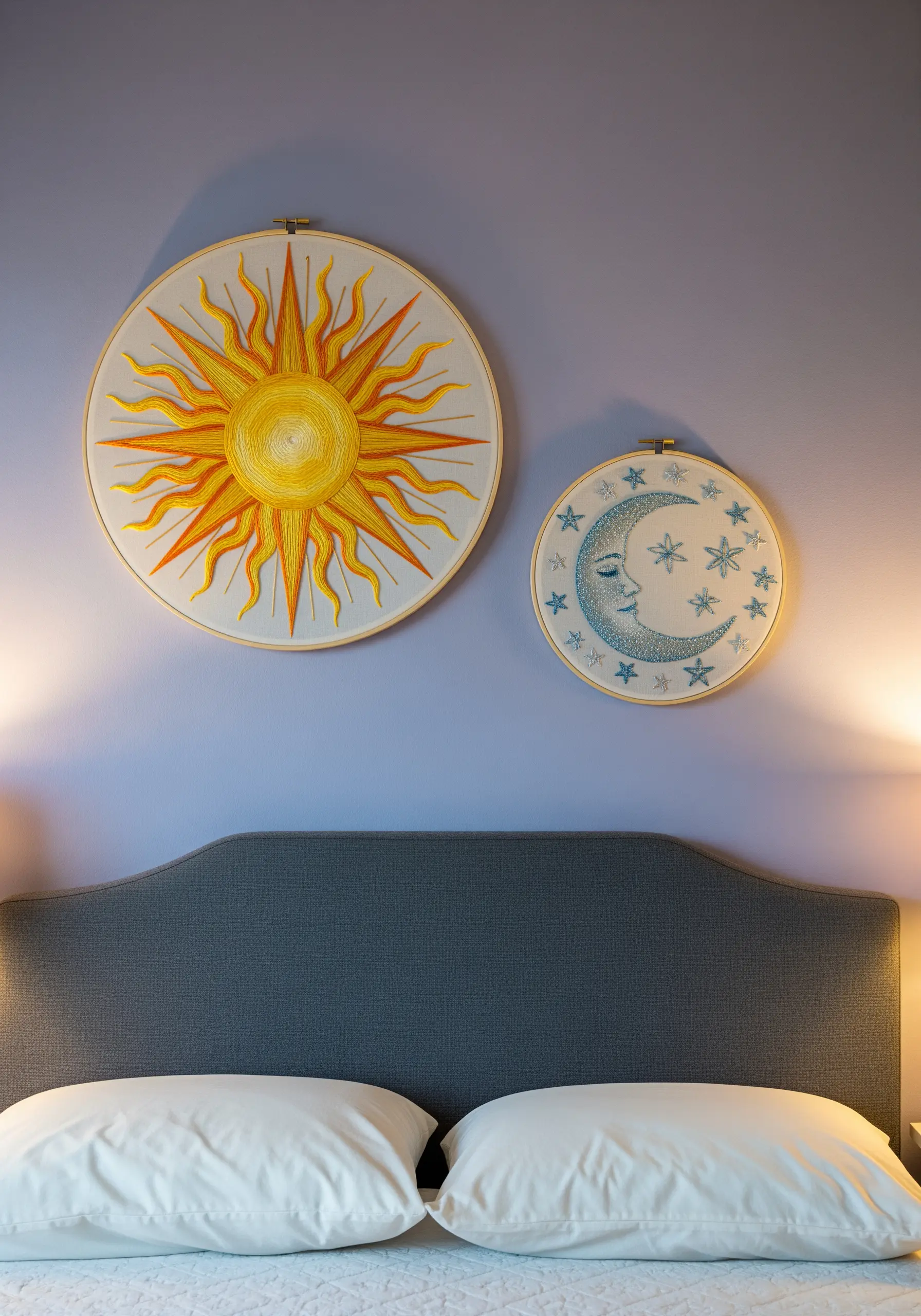 Two large embroidery hoops hanging above a bed, one with a radiant sun and one with a crescent moon.