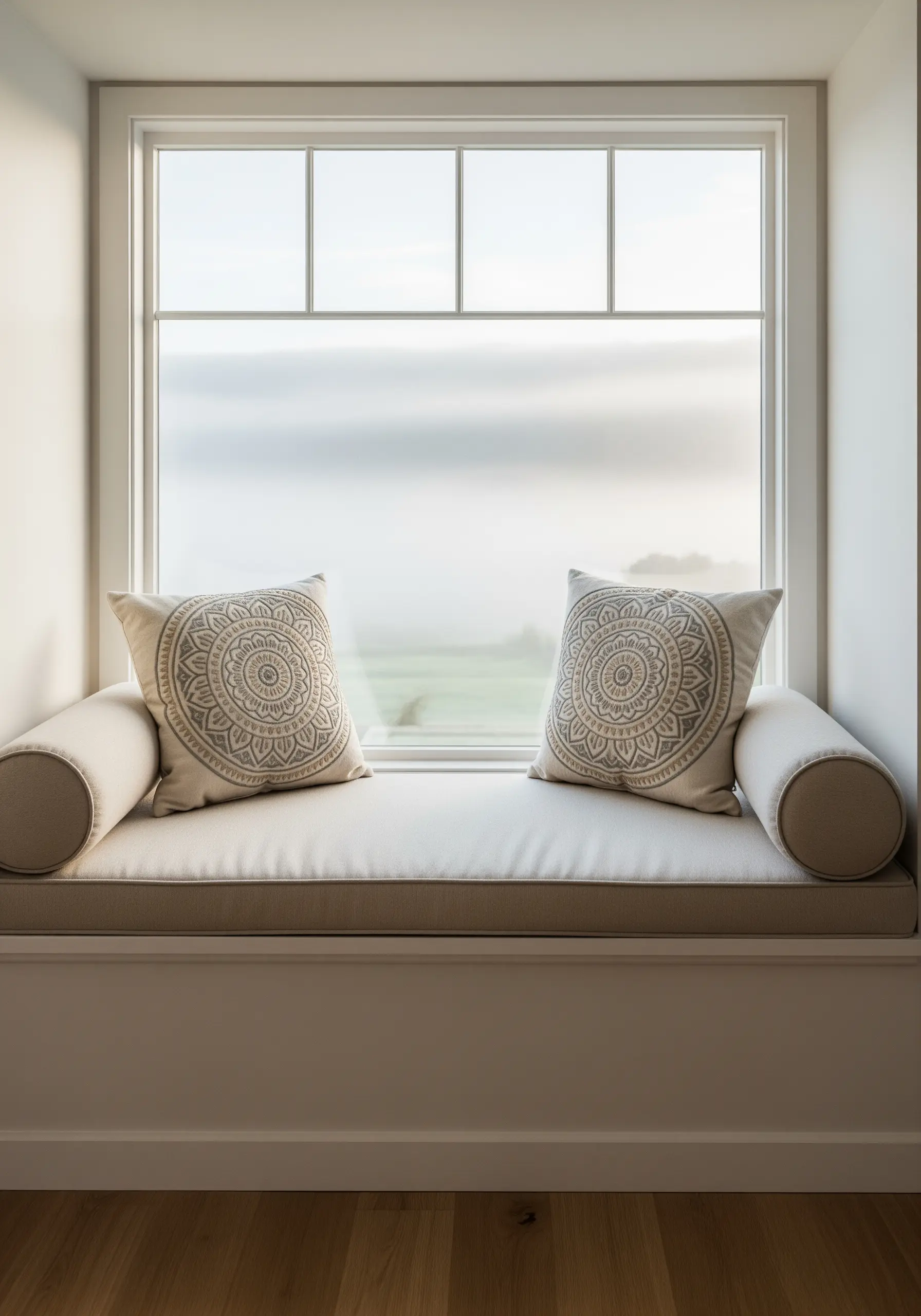 Two identical embroidered mandala cushions placed symmetrically on a bright, minimalist window seat.