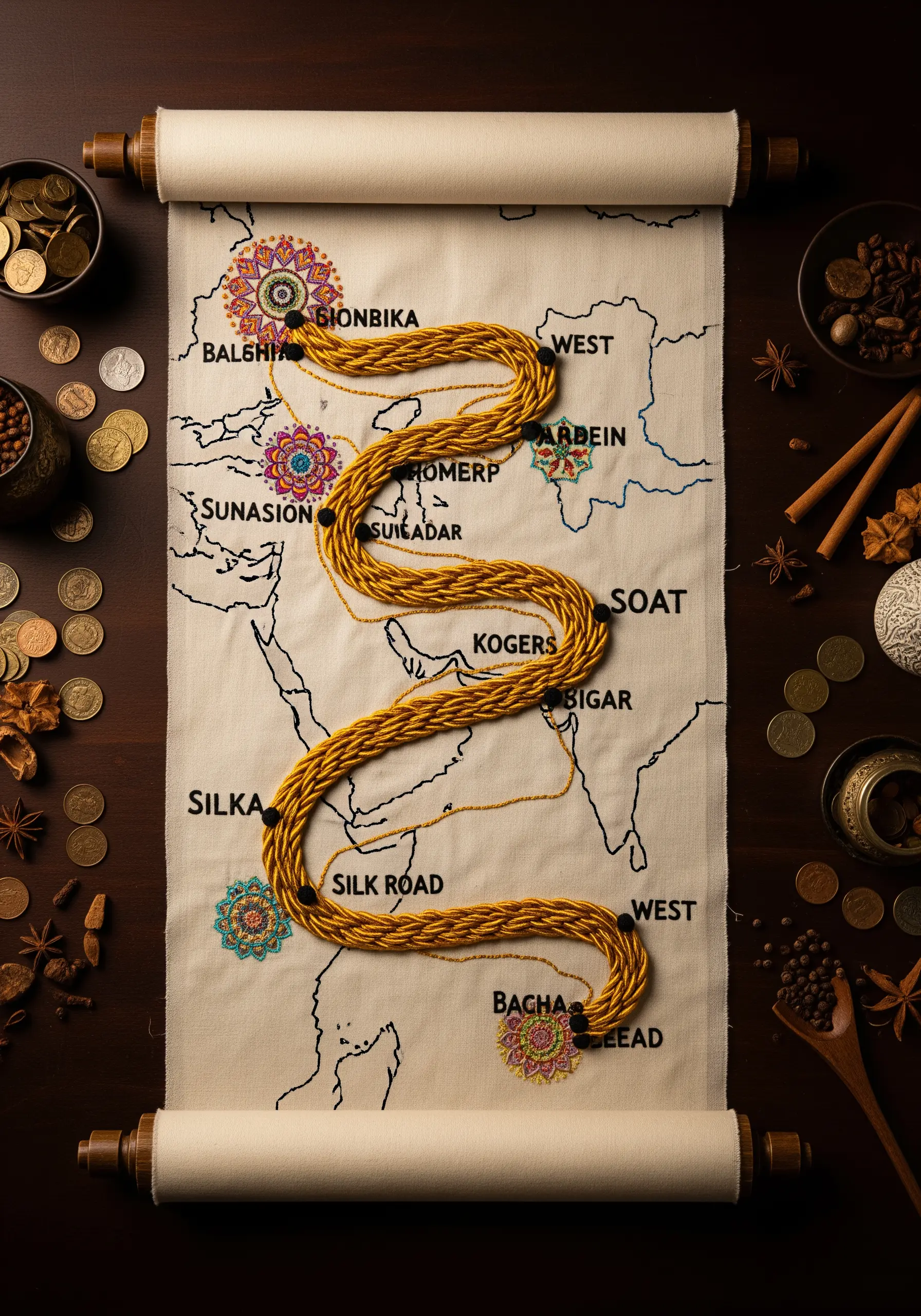 An ancient map on a scroll with a thick, couched yellow cord marking the Silk Road.