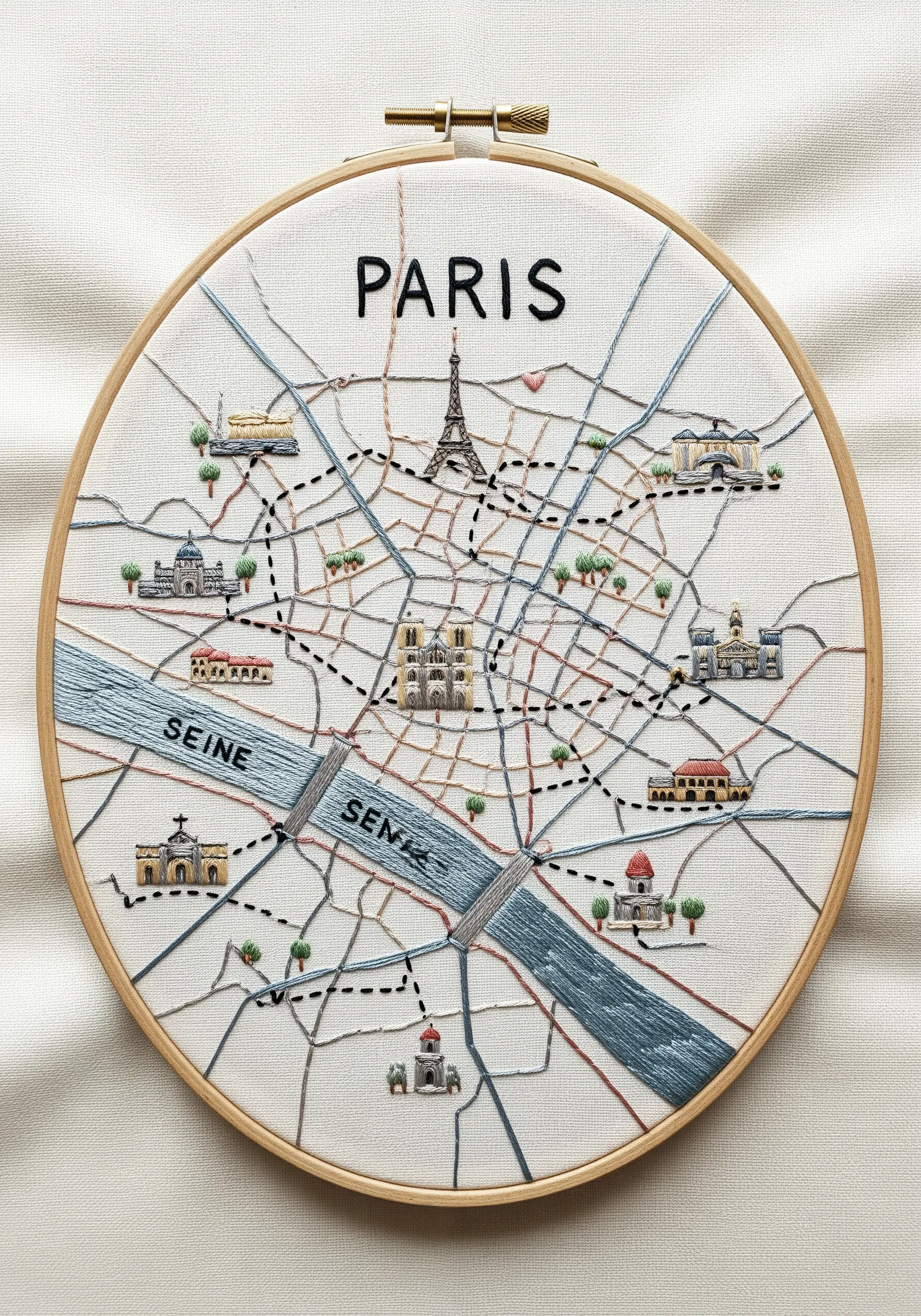 Detailed embroidered map of Paris in a hoop, showing landmarks, streets, and the Seine.
