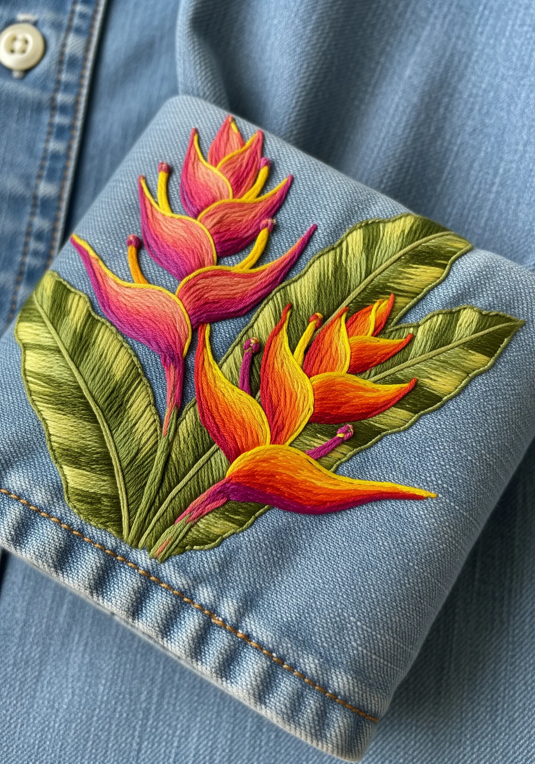 Vibrant heliconia flowers with variegated thread embroidered on the cuff of a denim shirt.