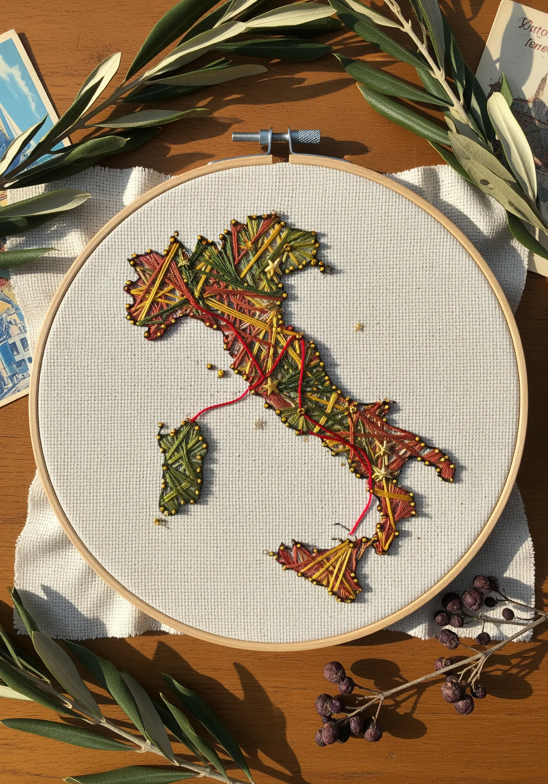 String art map of Italy in a hoop, using variegated green, yellow, and red thread.