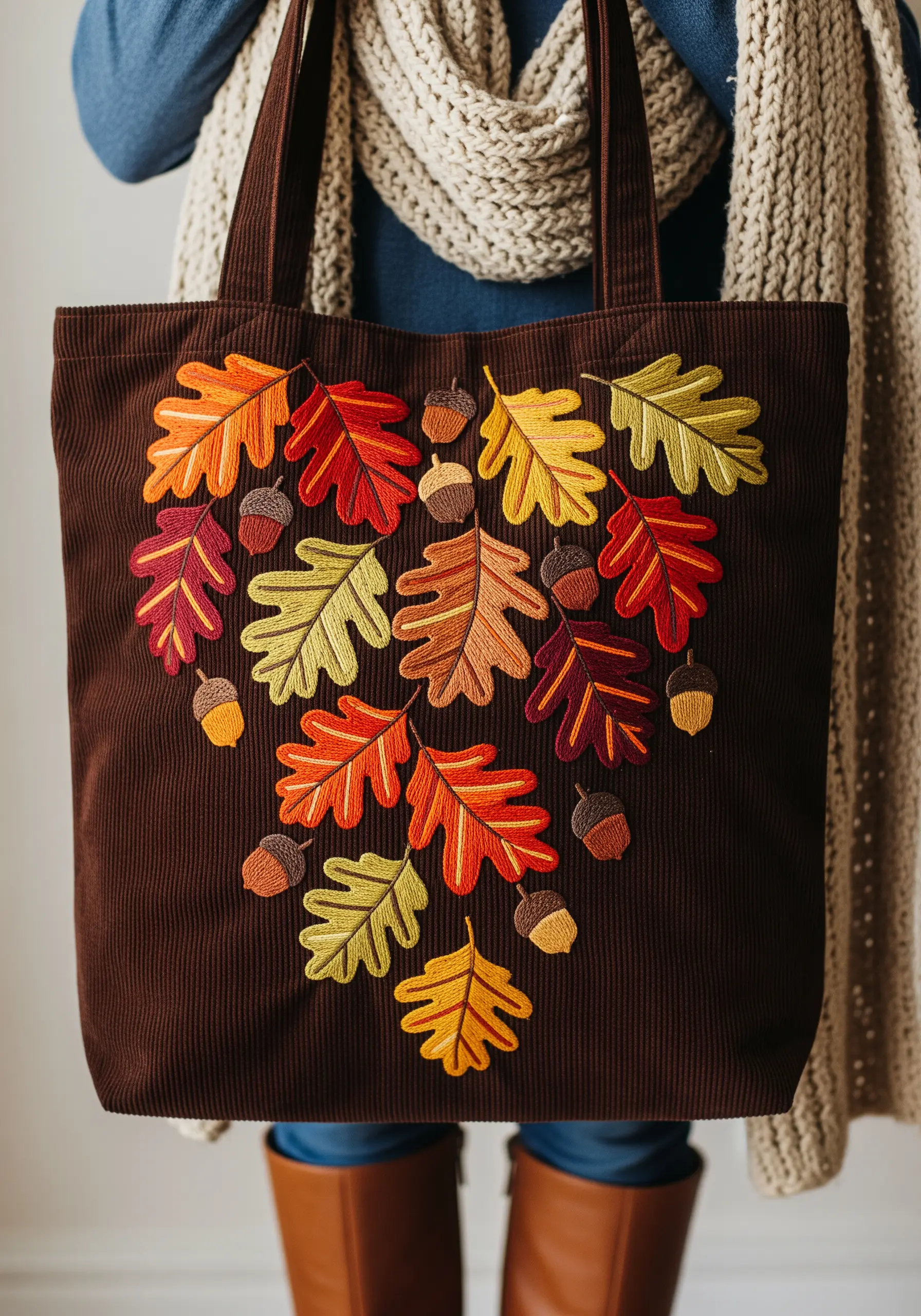 A heart-shaped arrangement of autumn-colored oak leaves on a brown corduroy tote