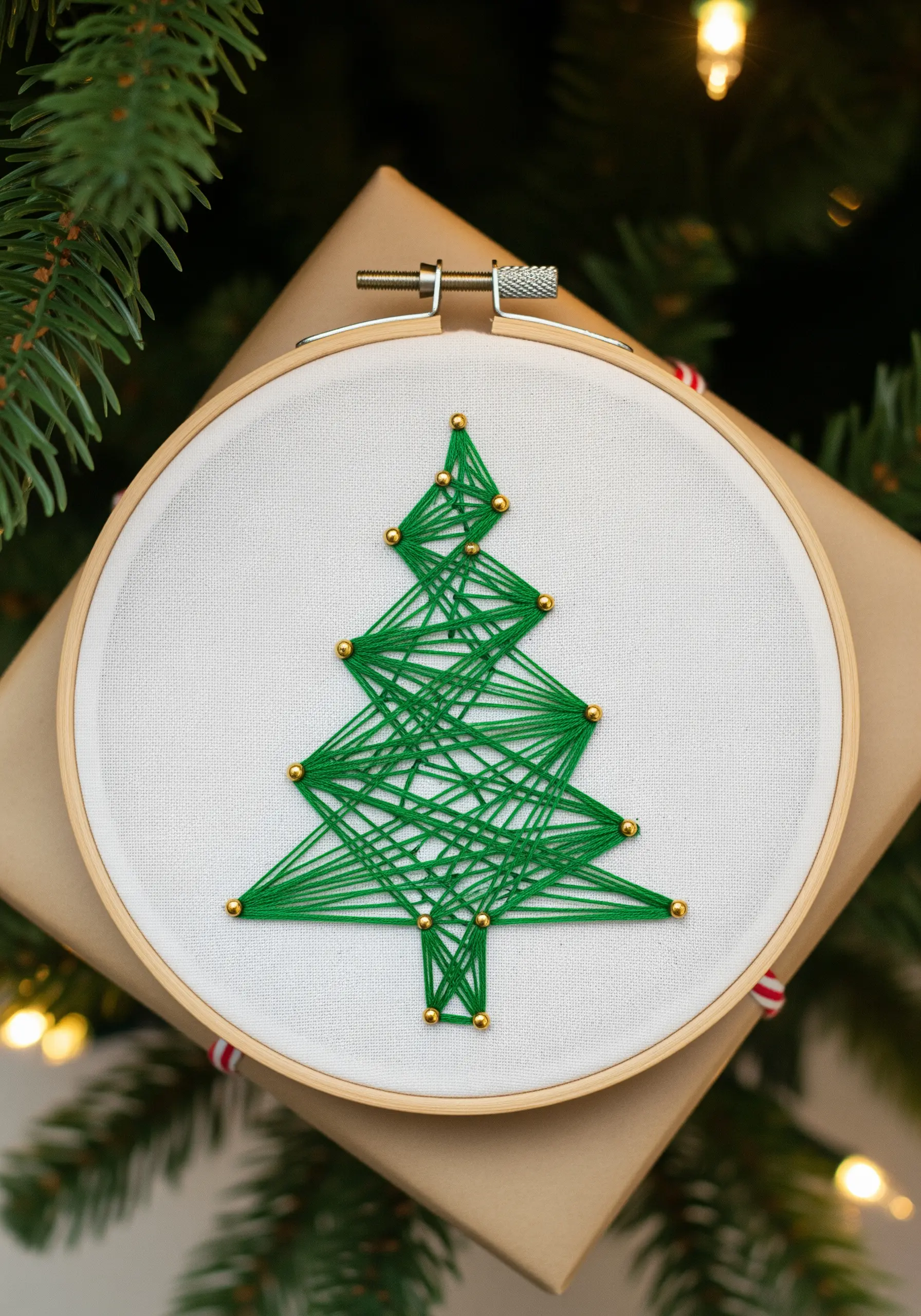 Minimalist green string art Christmas tree with gold bead ornaments in a hoop.