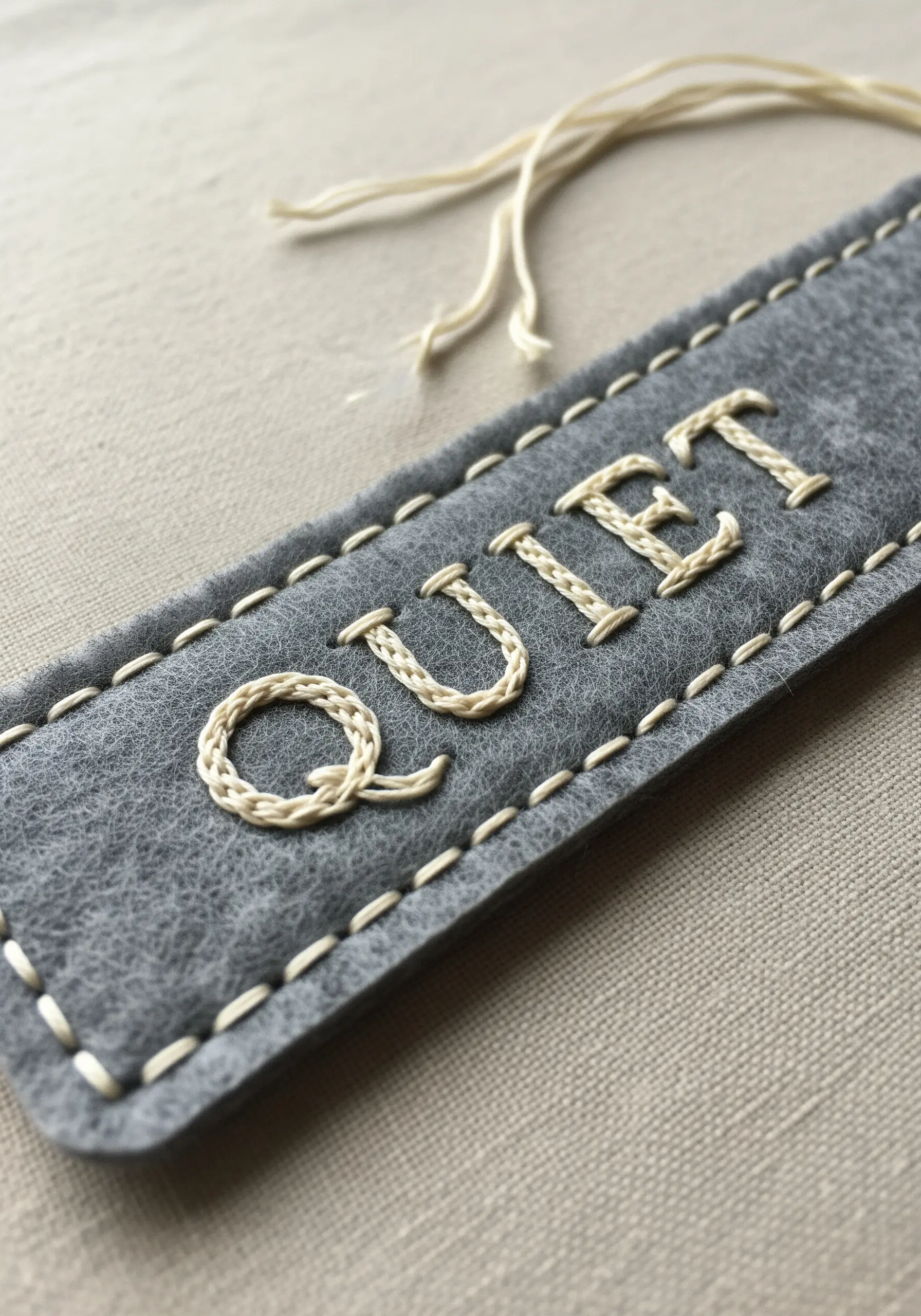 The word 'QUIET' embroidered with a thick, couched stitch on a grey felt bookmark.