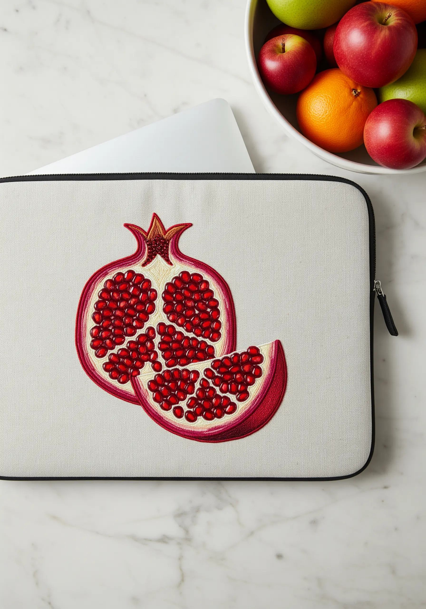 Embroidered pomegranate, cut open to show textured French knot seeds, on a laptop case.