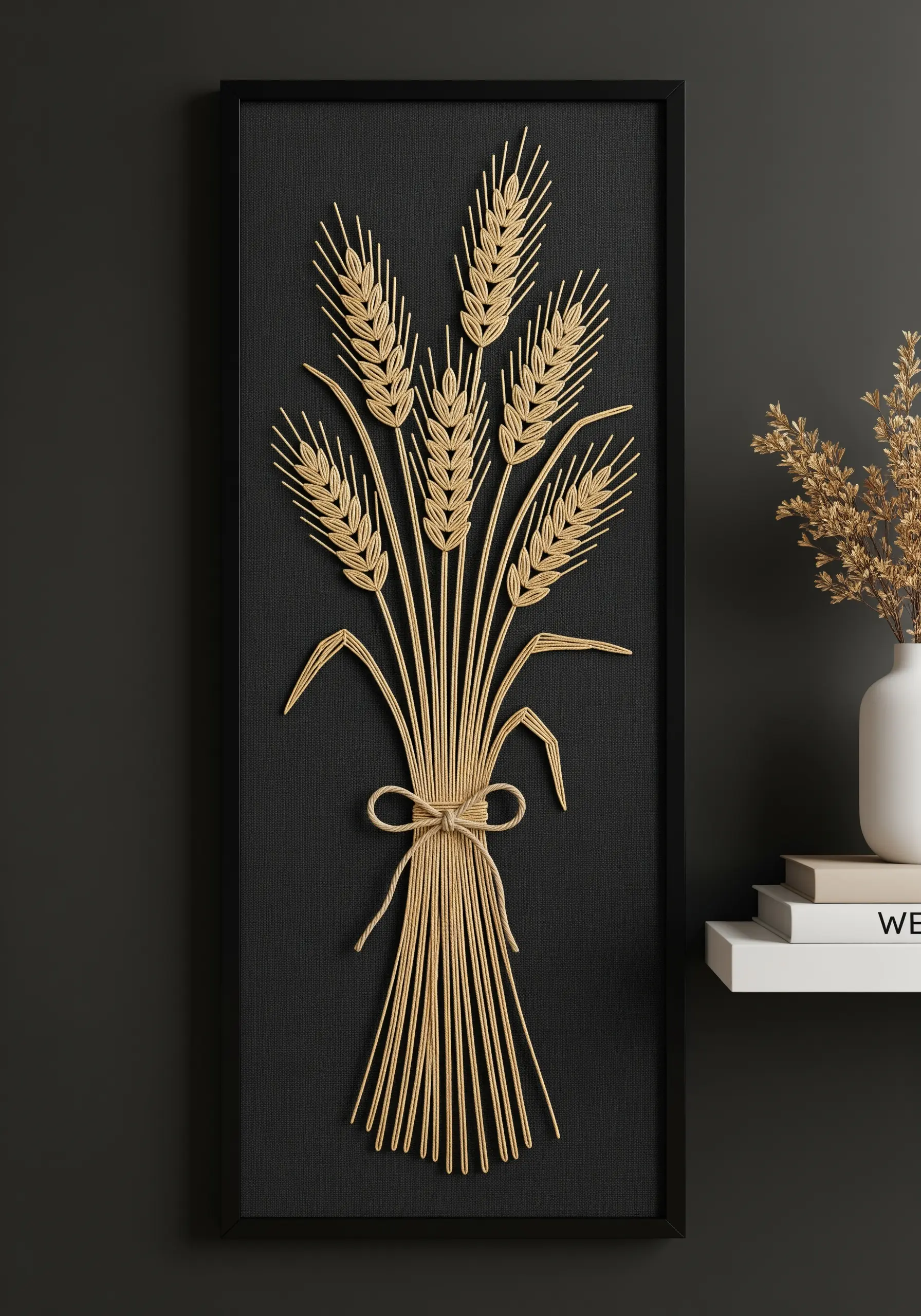Elegant gold string art wheat sheaf on a black rectangular background.