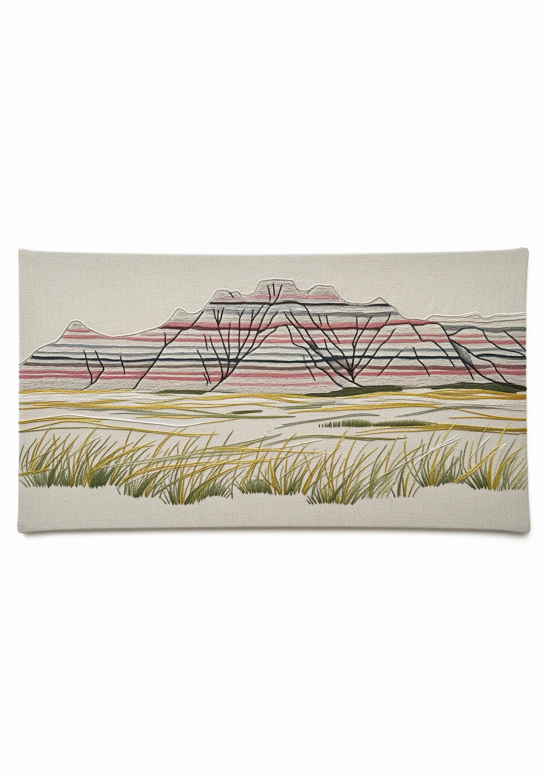 A panoramic embroidery of the Badlands, with horizontal stitches in variegated thread showing rock layers.