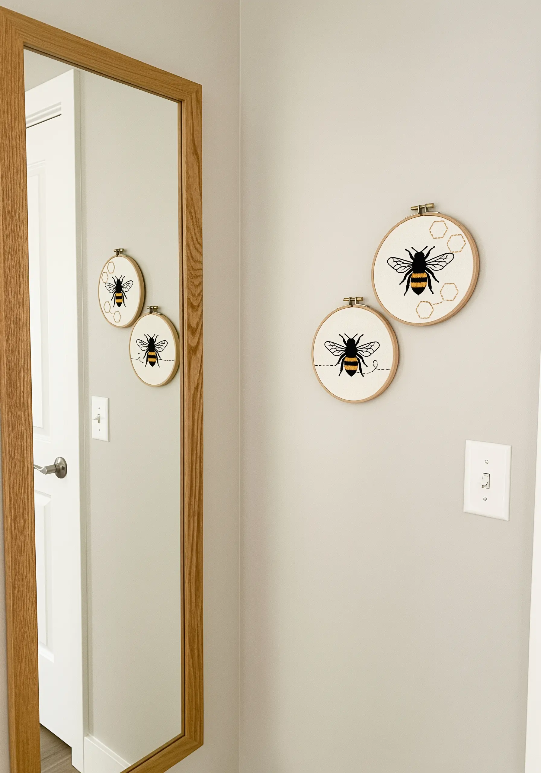 Two embroidery hoops with bee motifs, showing a contrast between the thick body and delicate wings.