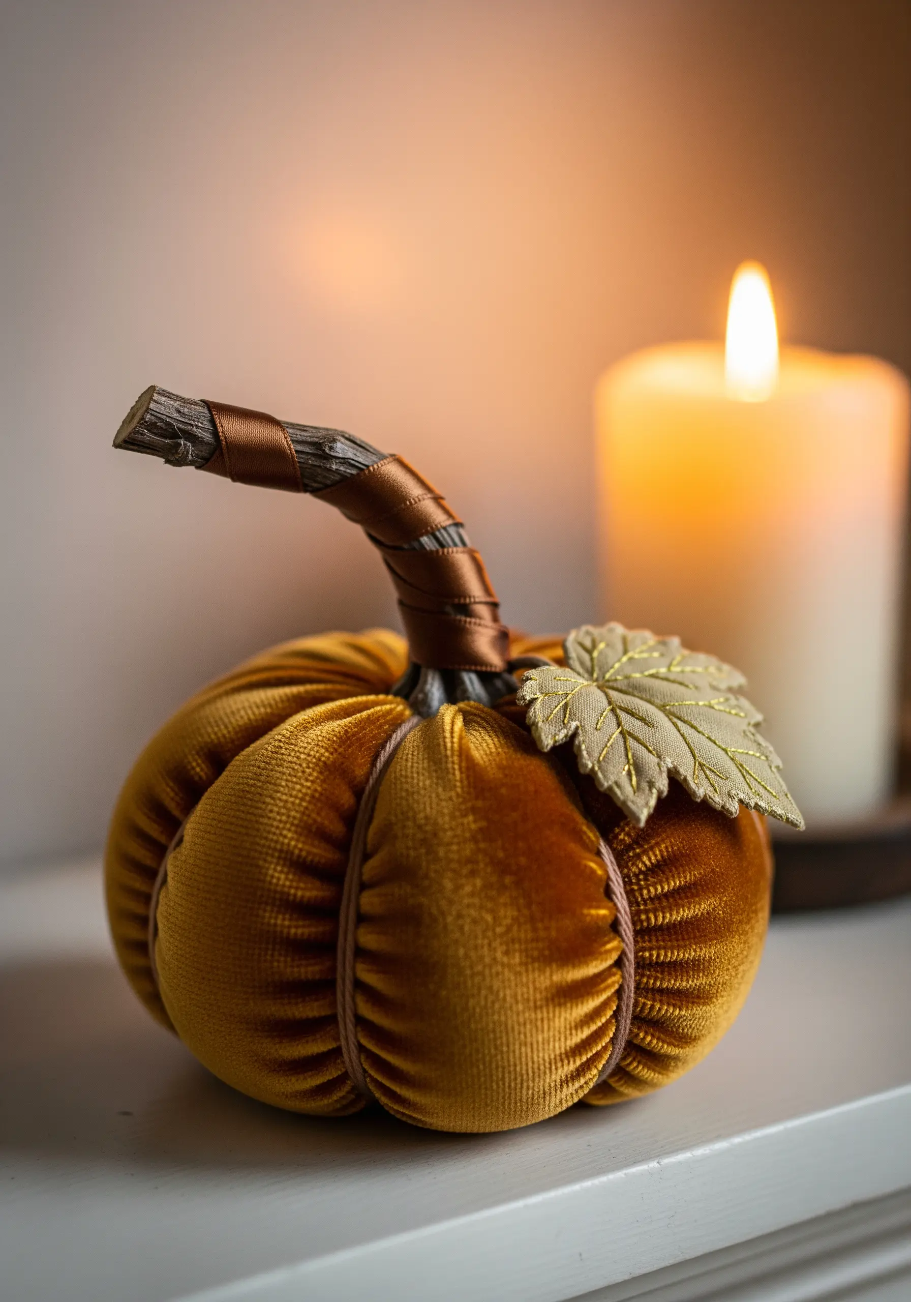 A plush golden velvet pumpkin with a metallic gold embroidered leaf attached to the stem.