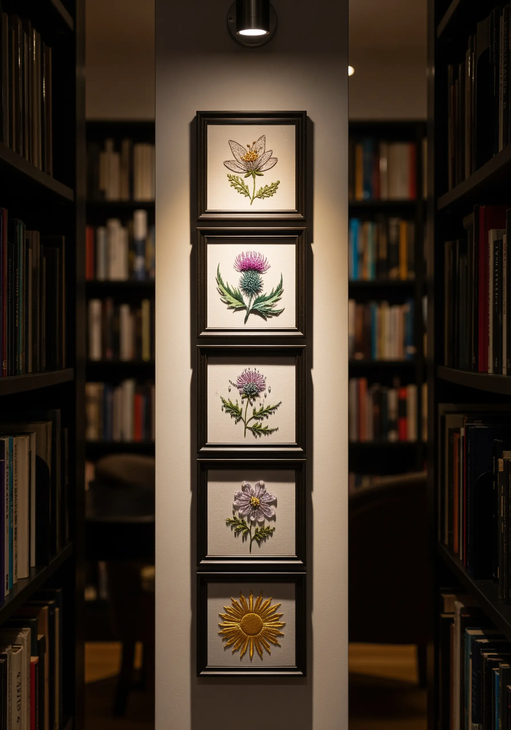 A vertical stack of five small, identically framed embroideries of different botanical specimens.