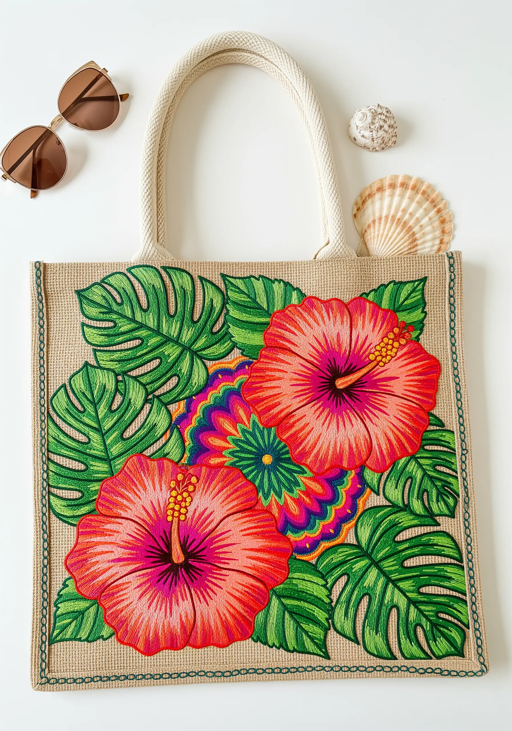 Brightly colored hibiscus flowers and monstera leaves embroidered on a natural burlap tote bag.