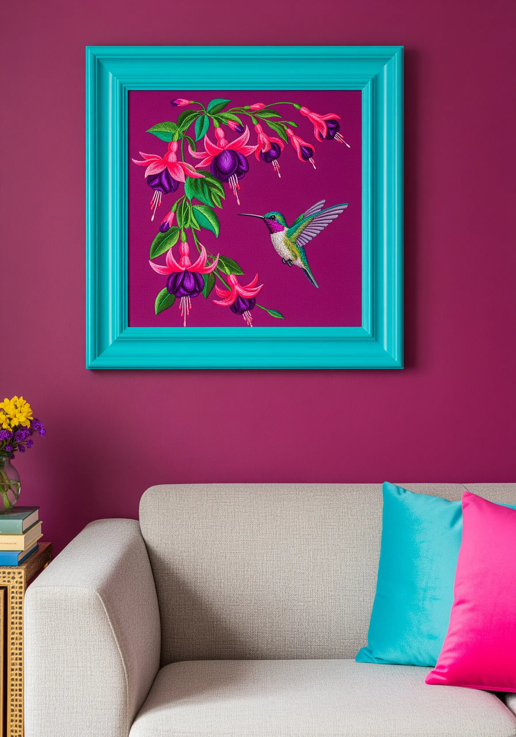 Embroidery of a hummingbird and bright pink fuchsia flowers, set against a magenta wall.