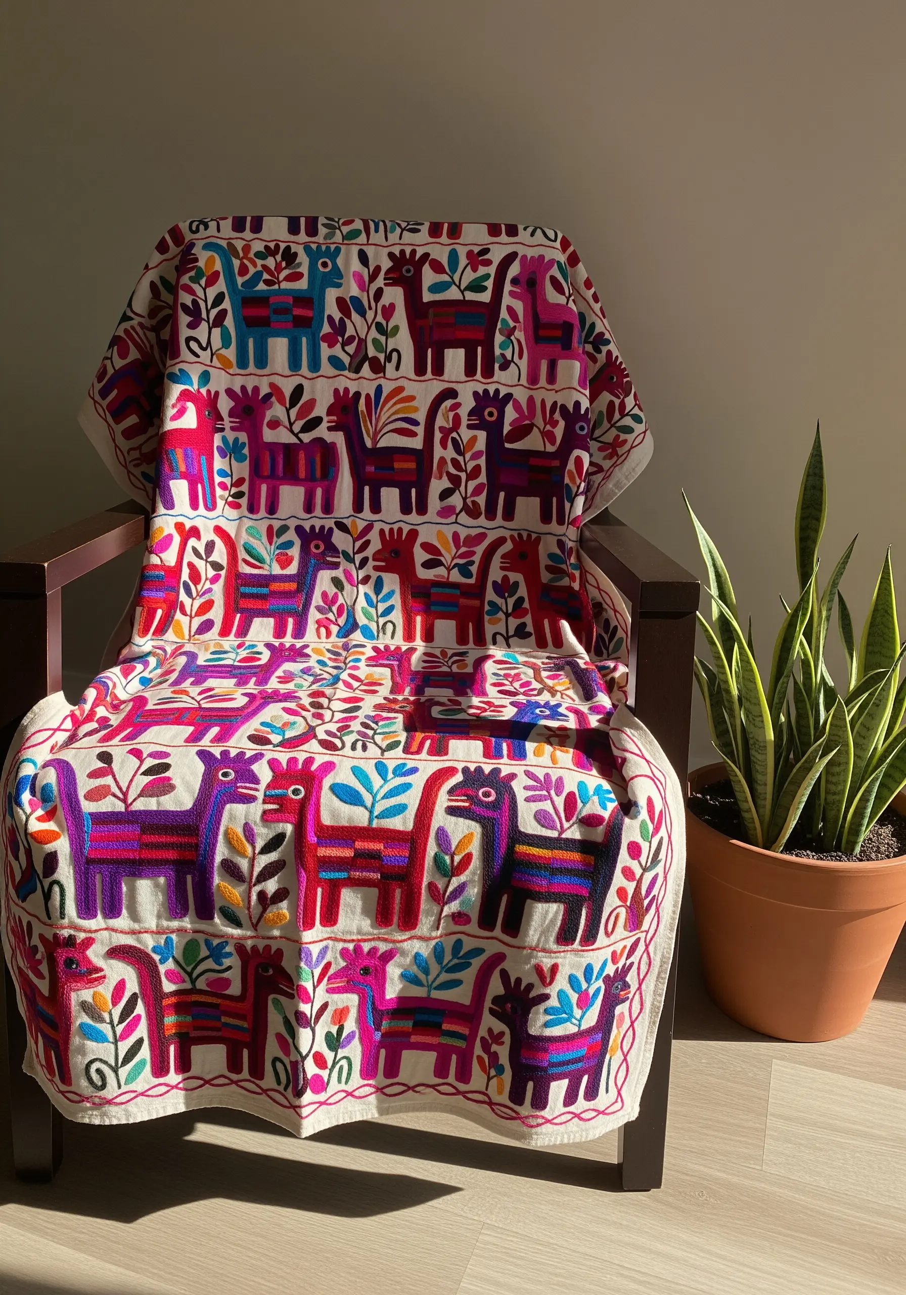 Vibrantly colored Otomí-style embroidered blanket with stylized animal and plant motifs.
