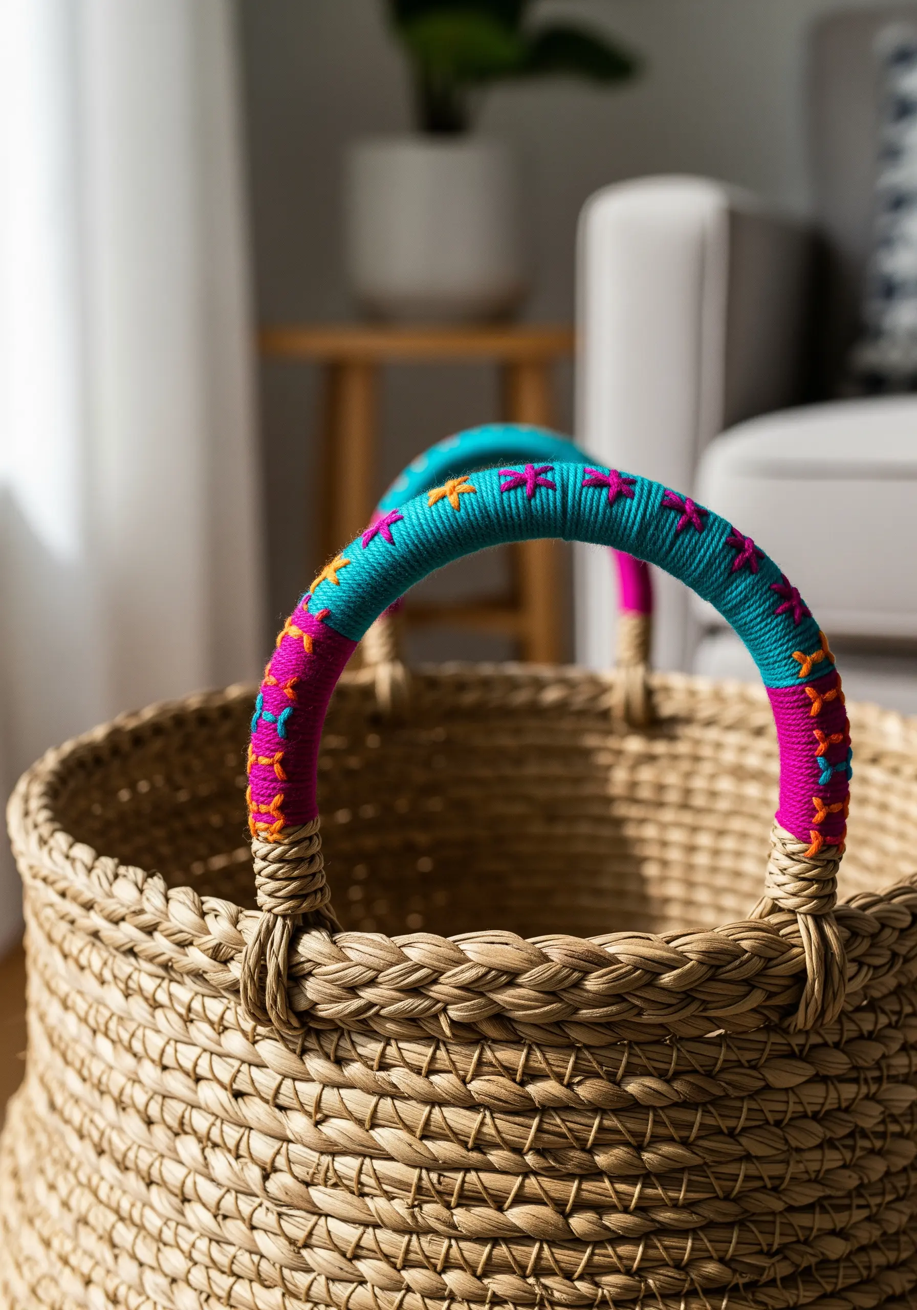 The handles of a woven seagrass basket wrapped in colorful thread with stitched details.