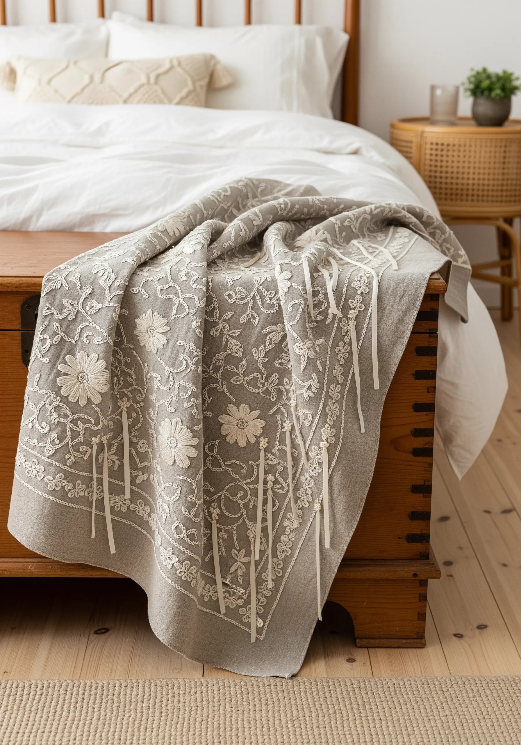 Greige linen throw blanket with ivory floral embroidery using both floss and silk ribbon.