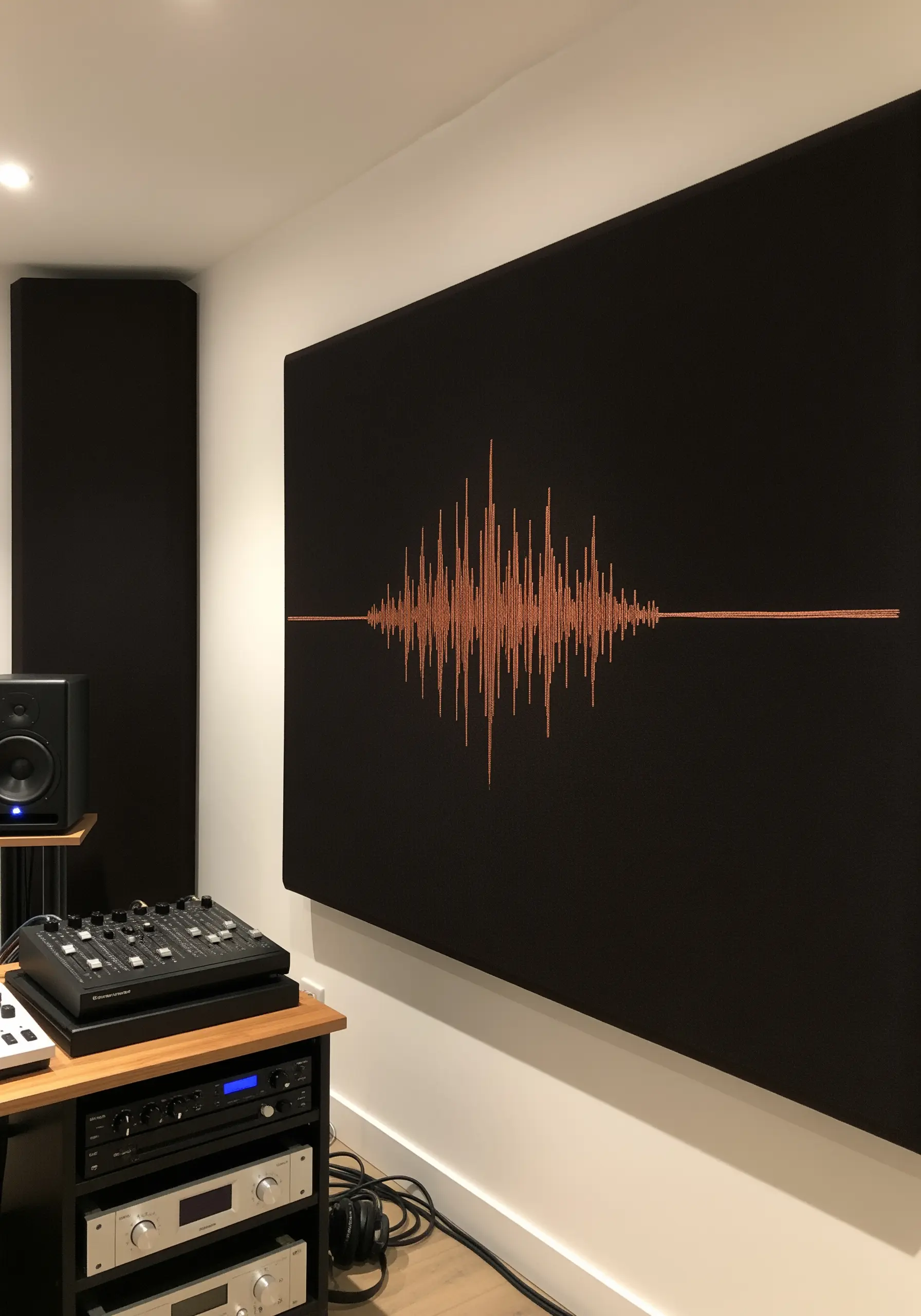 A soundwave pattern embroidered in copper metallic thread on a large black acoustic panel.